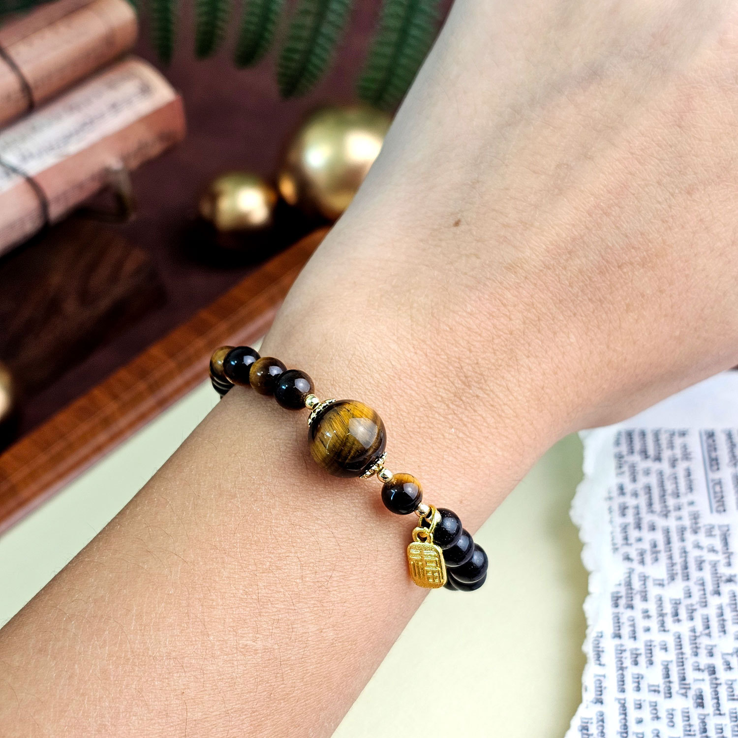 12 Jan - Tiger Eye with Ebony Wood Design Bracelet