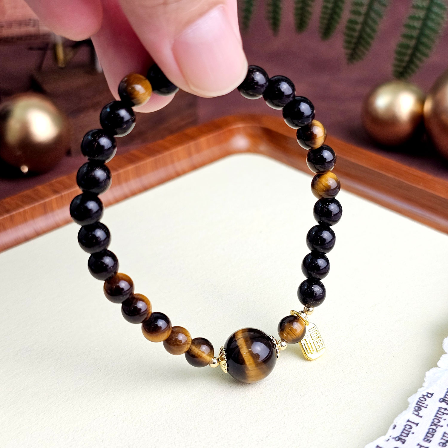 12 Jan - Tiger Eye with Ebony Wood Design Bracelet