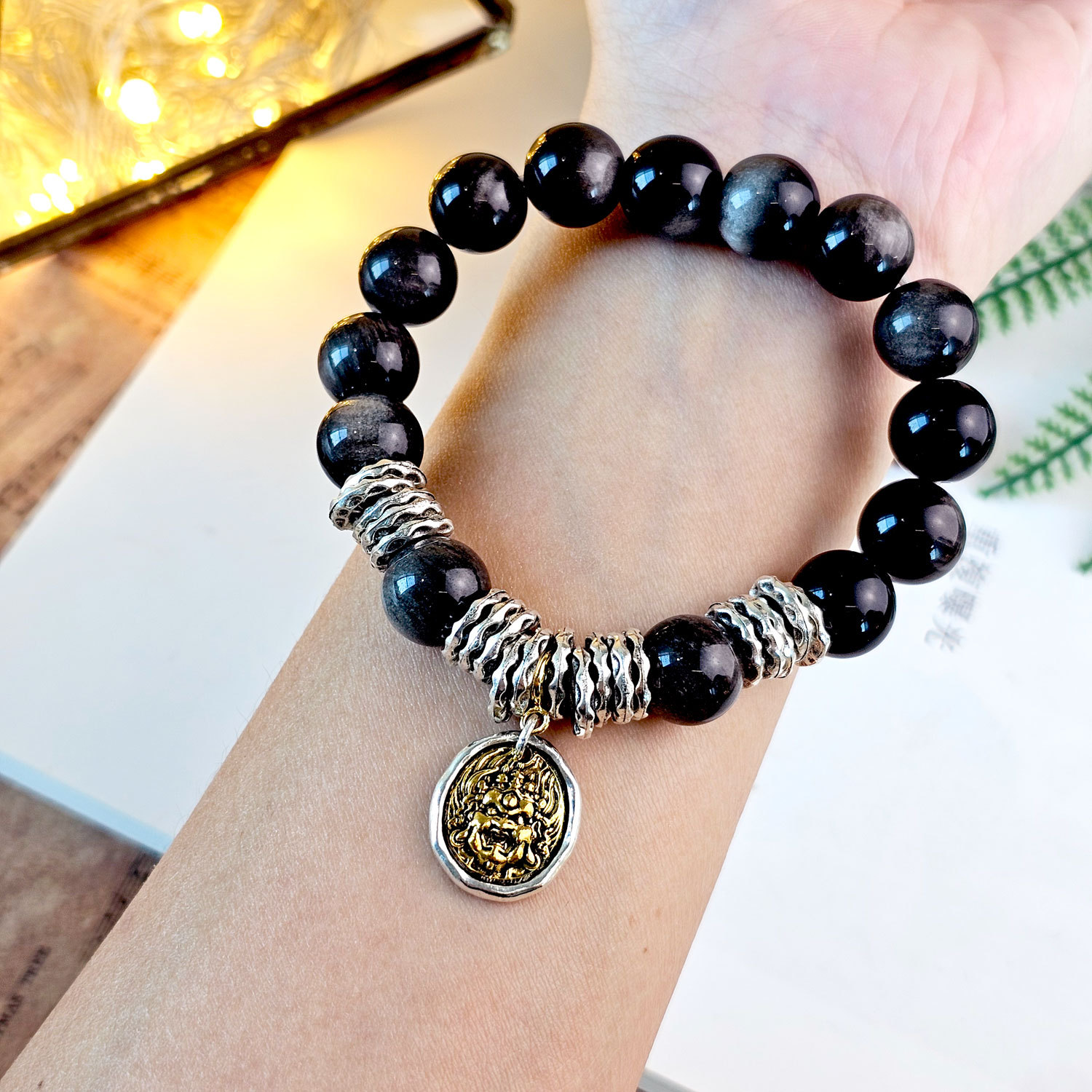 3 Feb - Silver Obsidian Yellow Fortune God Bracelet