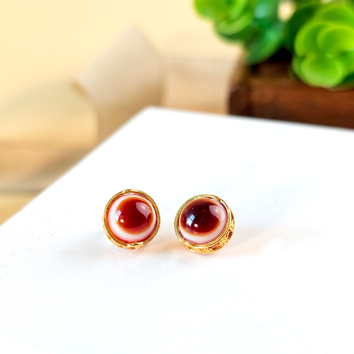 4 Feb - Red Agate Eye Sterling Silver Plated Gold Charm