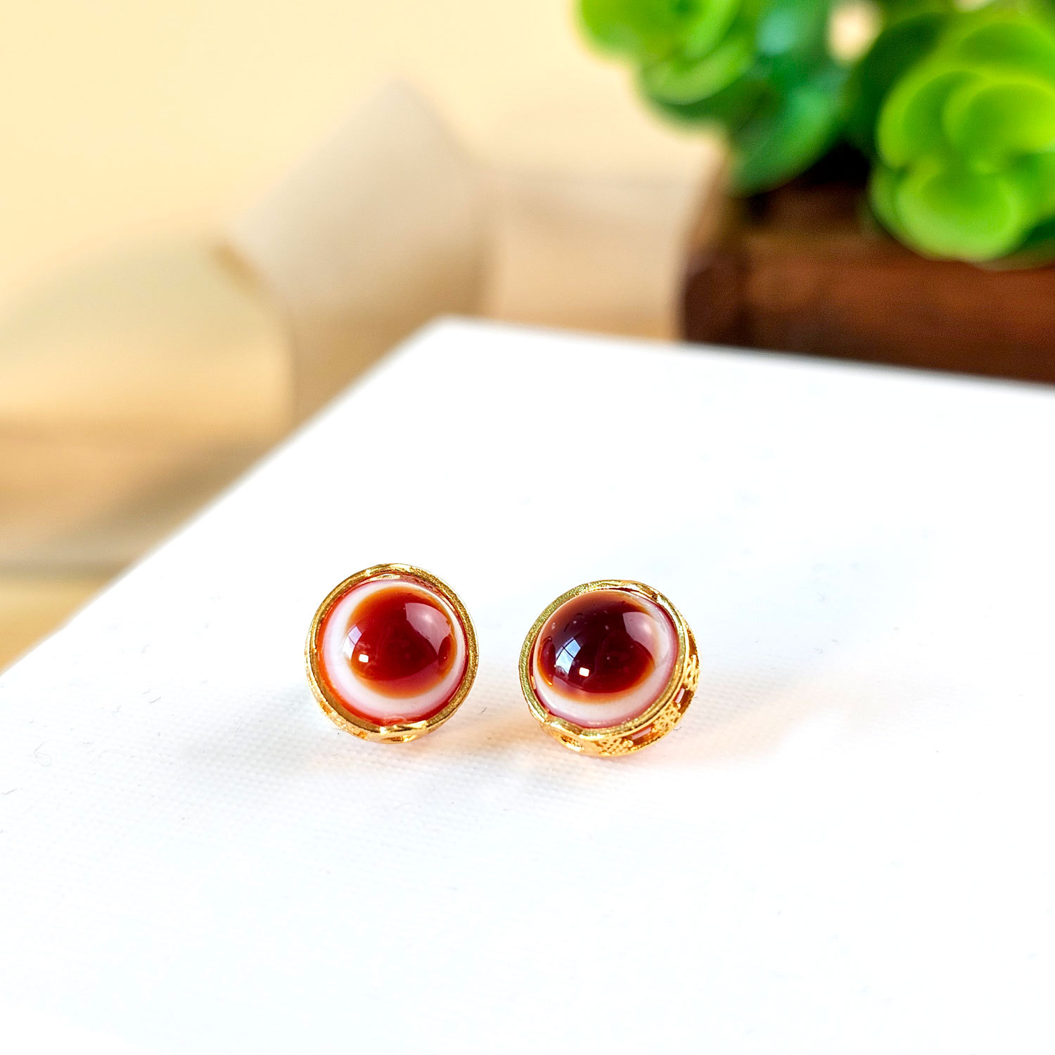 4 Feb - Red Agate Eye Sterling Silver Plated Gold Charm