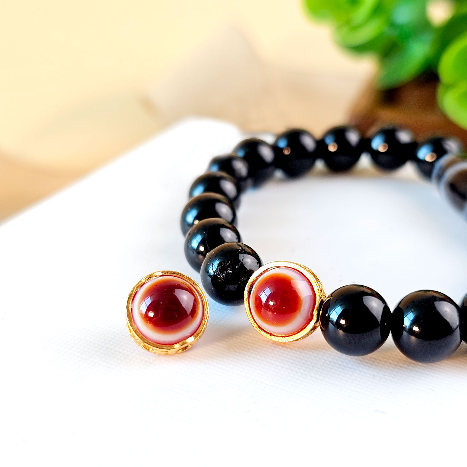 4 Feb - Red Agate Eye Sterling Silver Plated Gold Charm