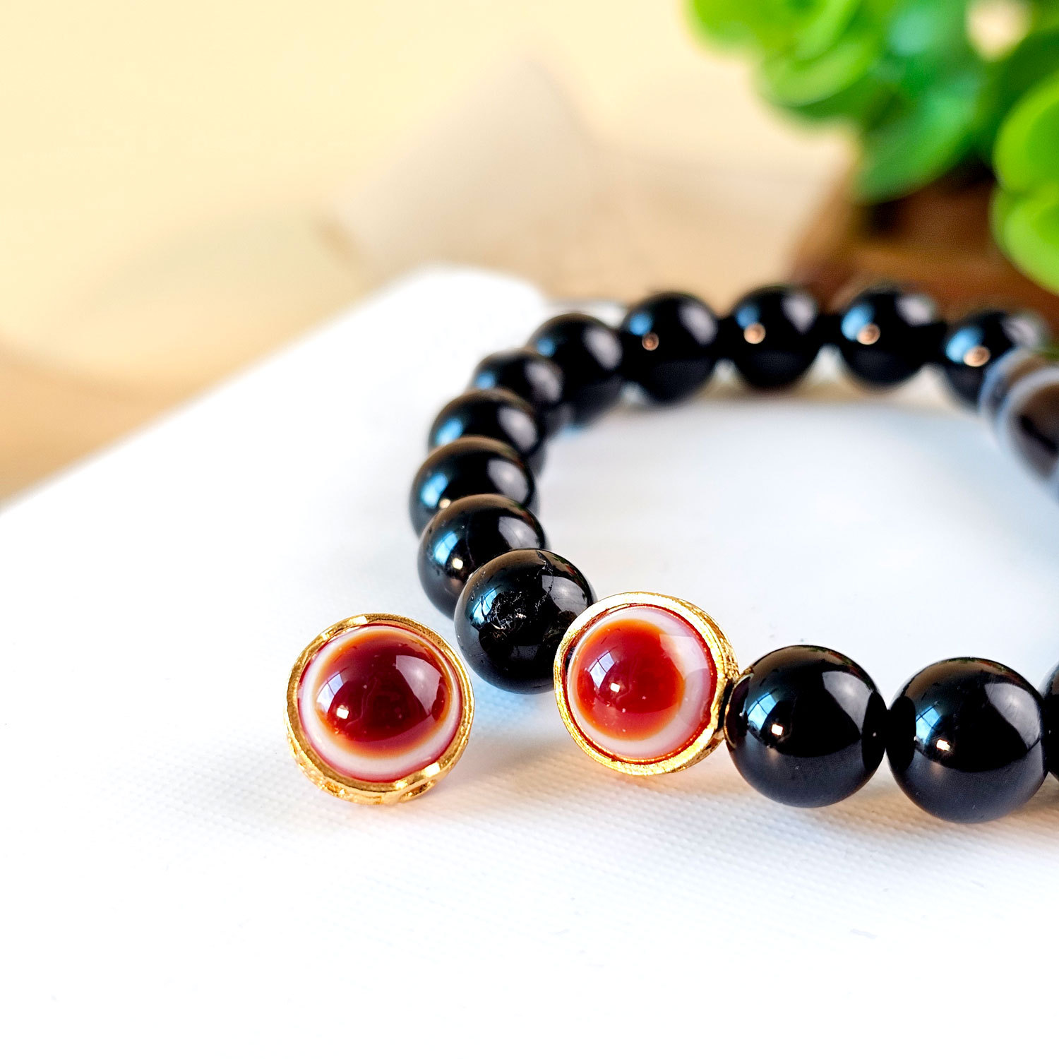 4 Feb - Red Agate Eye Sterling Silver Plated Gold Charm