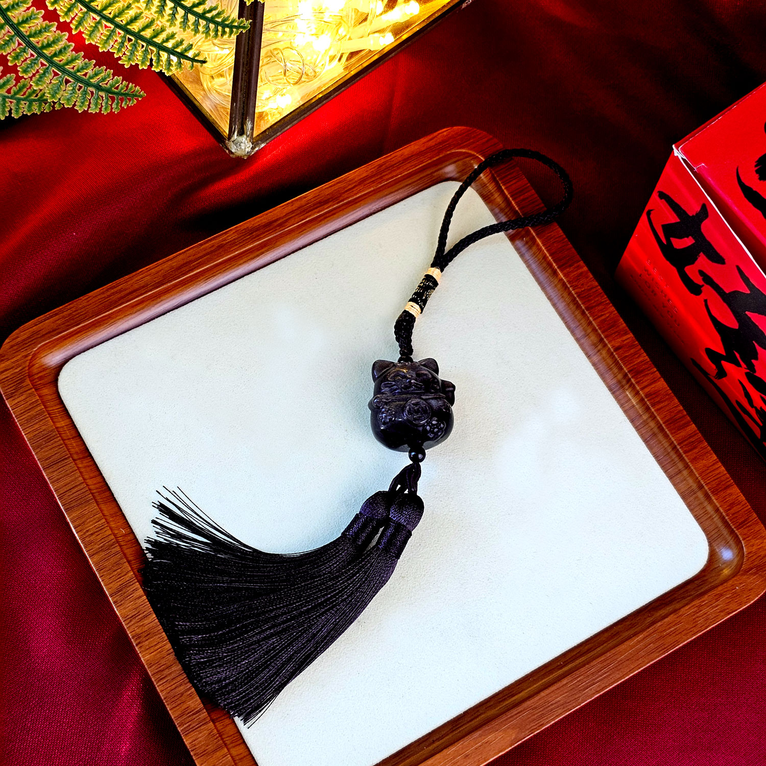 Silver Obsidian Lucky Cat Charm