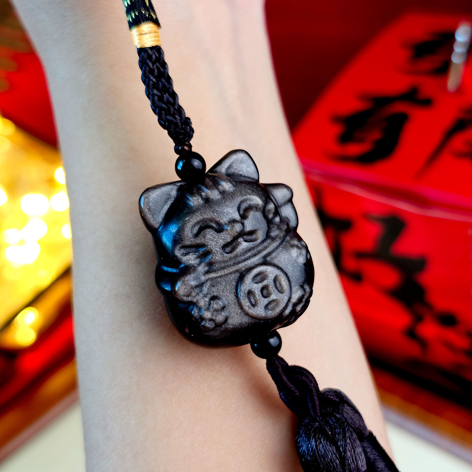 Silver Obsidian Lucky Cat Charm