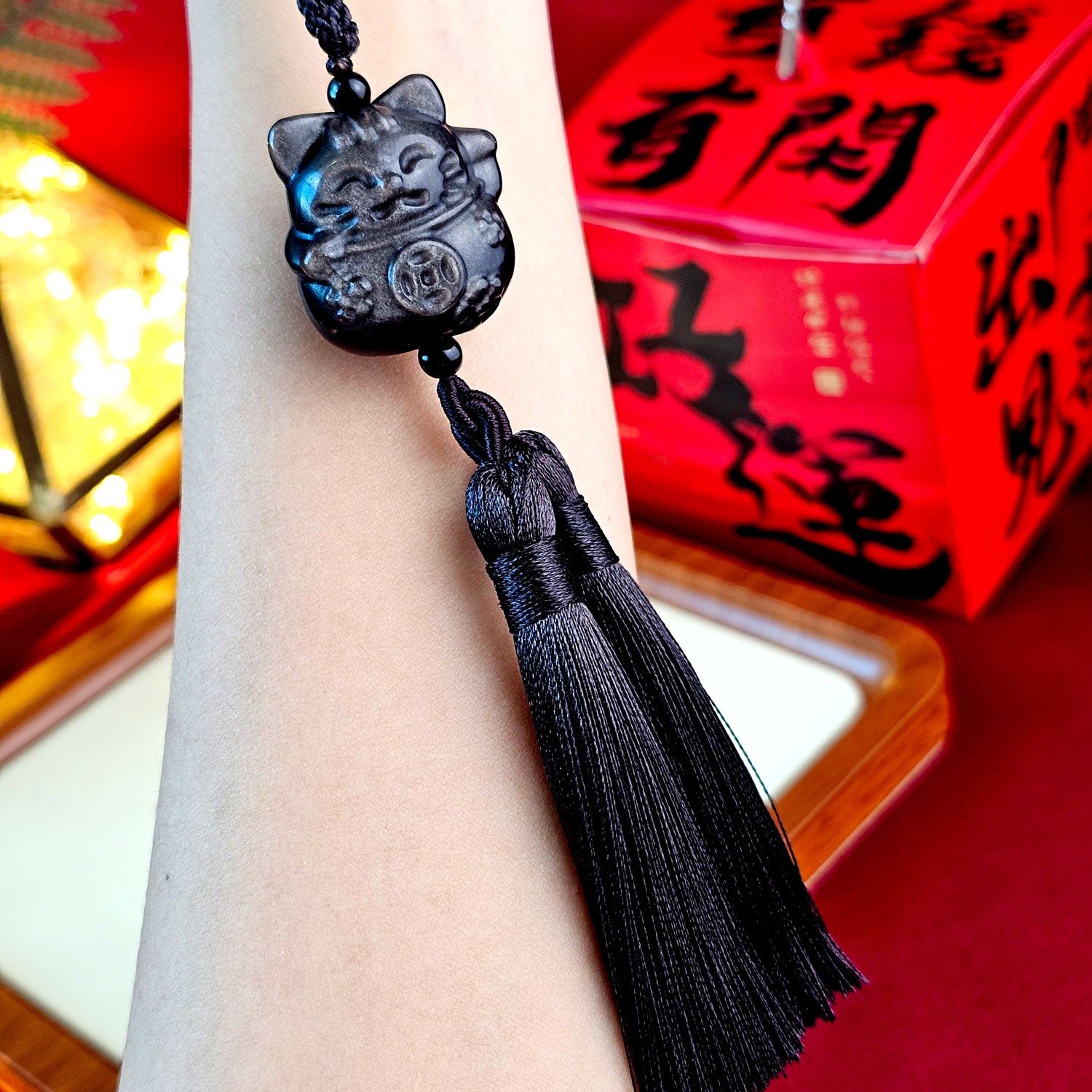 Silver Obsidian Lucky Cat Charm