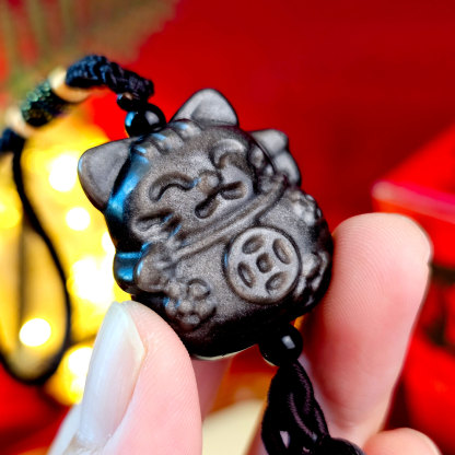 Silver Obsidian Lucky Cat Charm