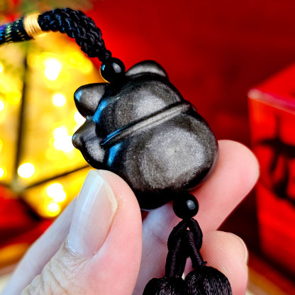 Silver Obsidian Lucky Cat Charm