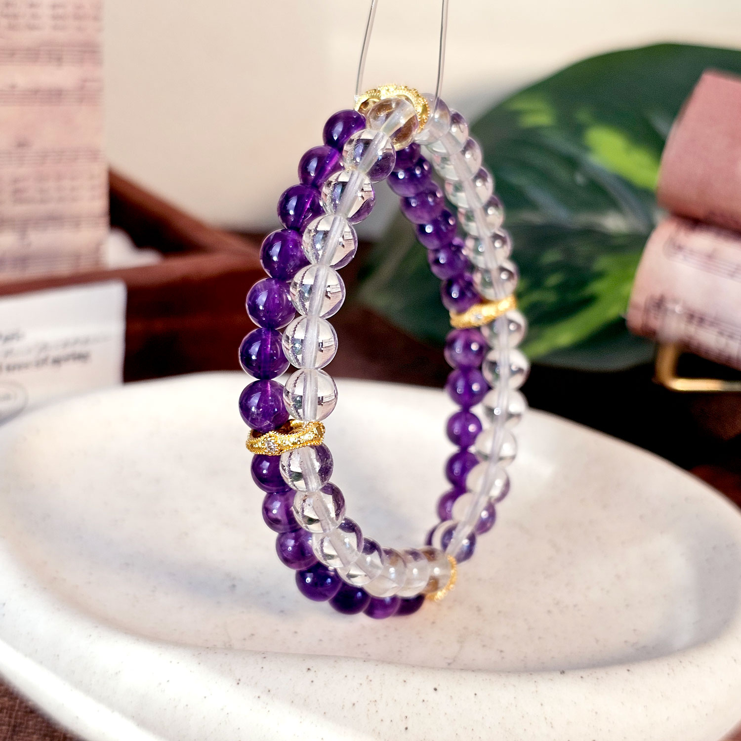 27 Mar - Clear Quartz with Amethyst Two Layer Bracelet