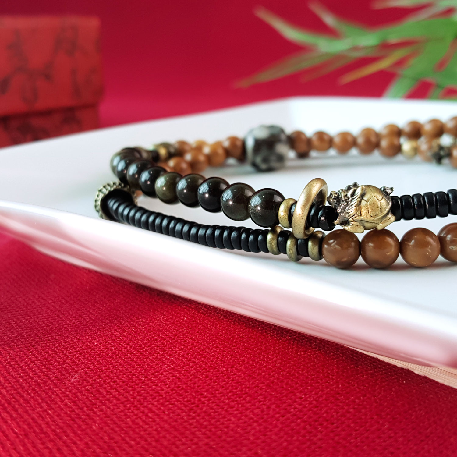 30 July - Silver Obsidian and Sandalwood with Jambhala Long Bracelet