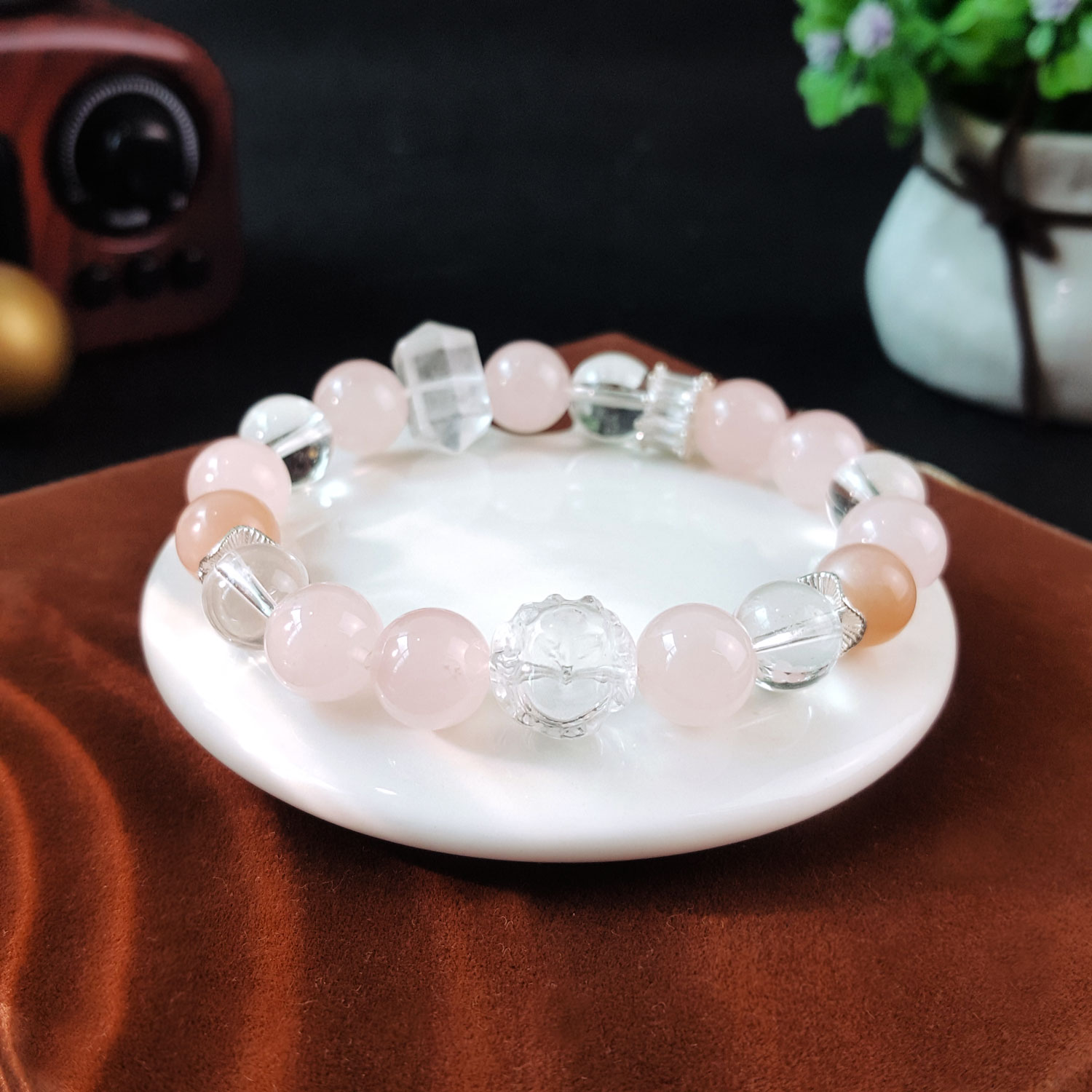 10 Aug - Rose Quartz With Clear Quartz Design Bracelet