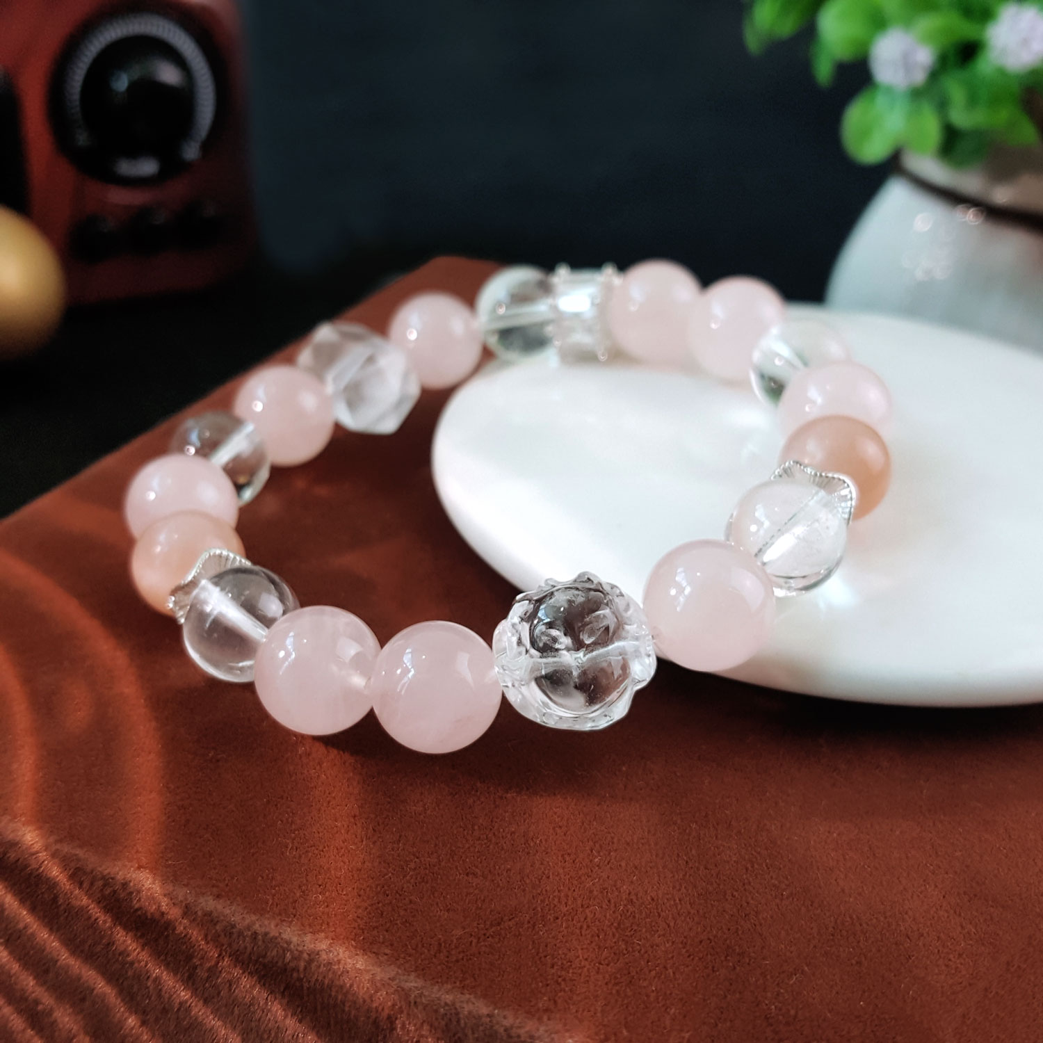 10 Aug - Rose Quartz With Clear Quartz Design Bracelet
