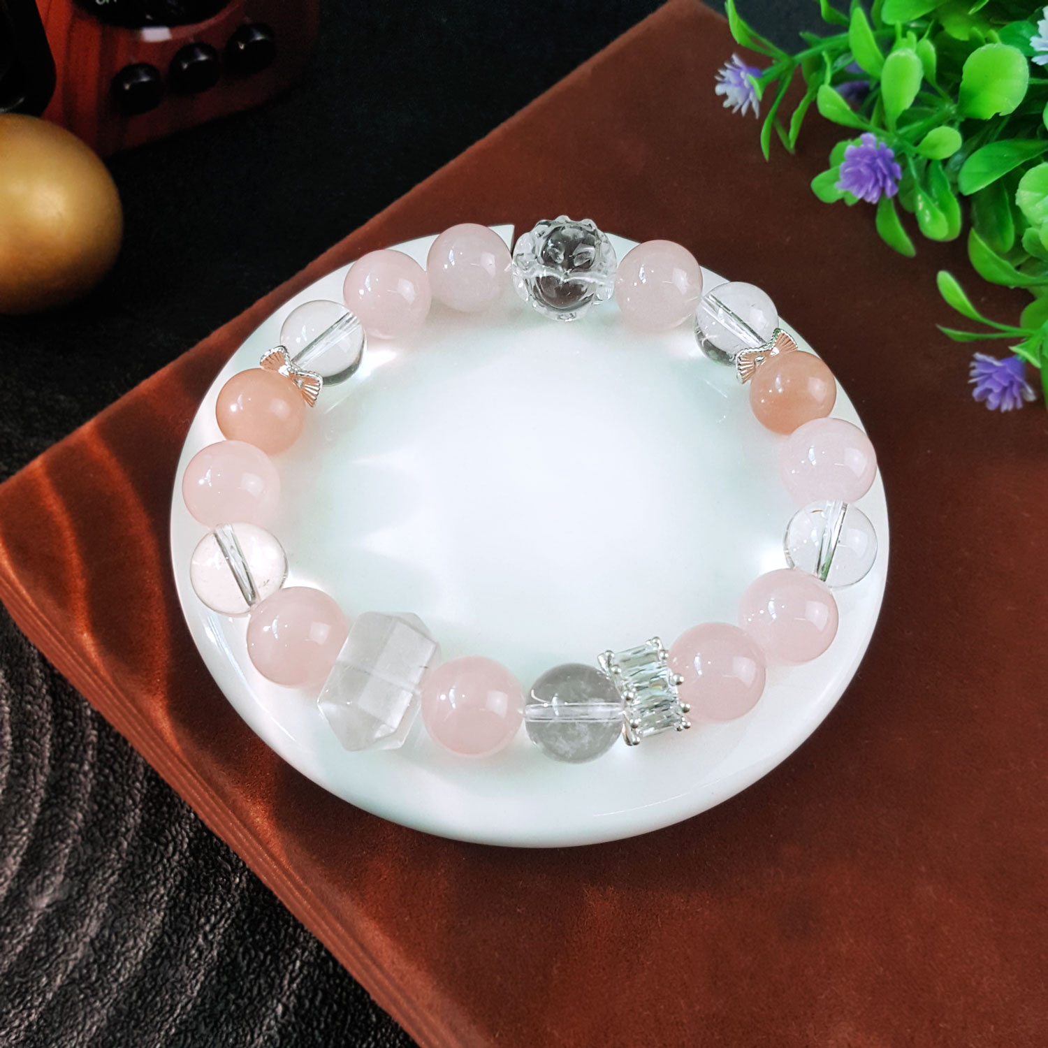 10 Aug - Rose Quartz With Clear Quartz Design Bracelet