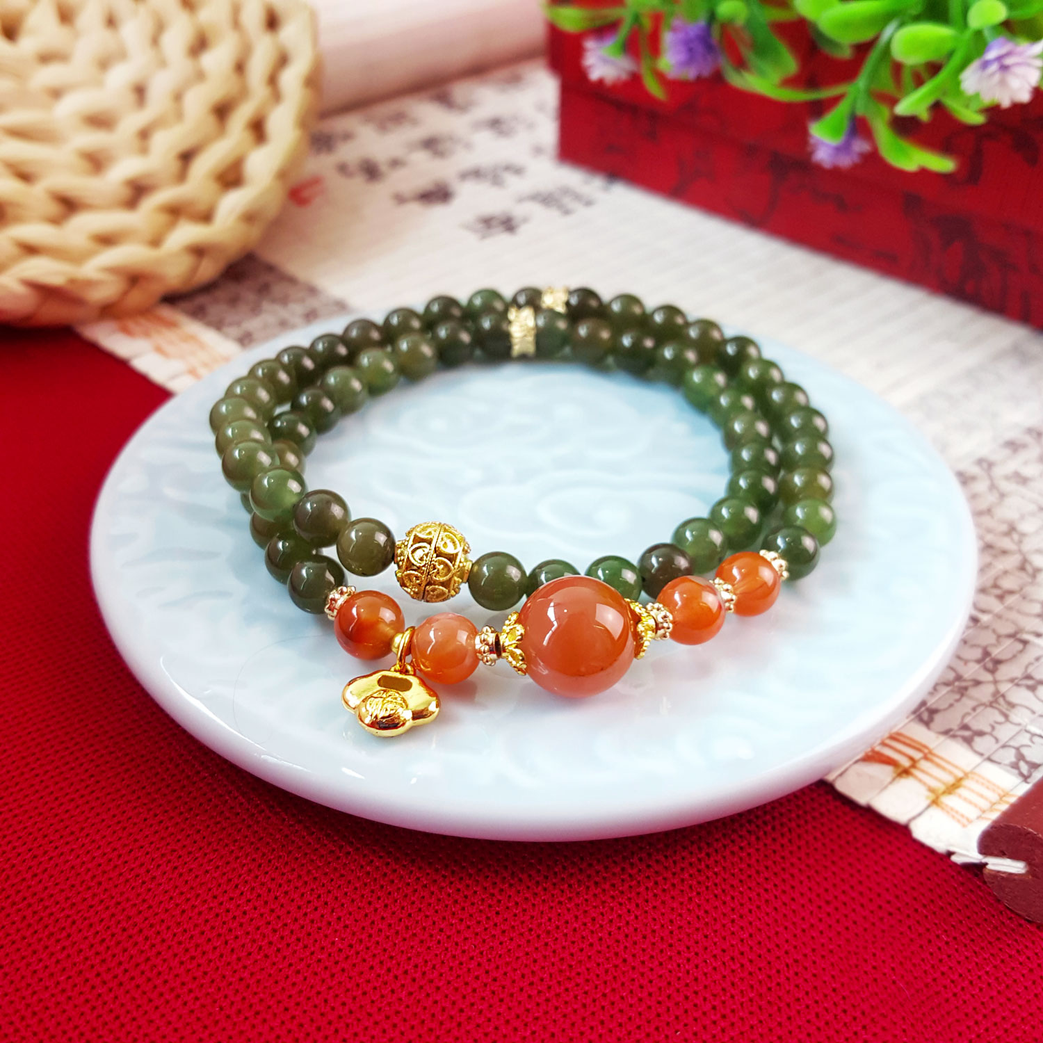 7 Aug - 6mm Green Jasper With Nan Hong  Agate Double Layer Bracelet