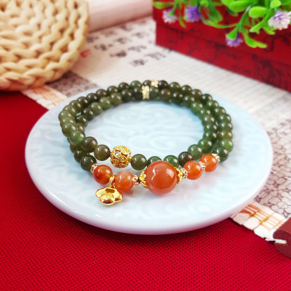7 Aug - 6mm Green Jasper With Nan Hong  Agate Double Layer Bracelet
