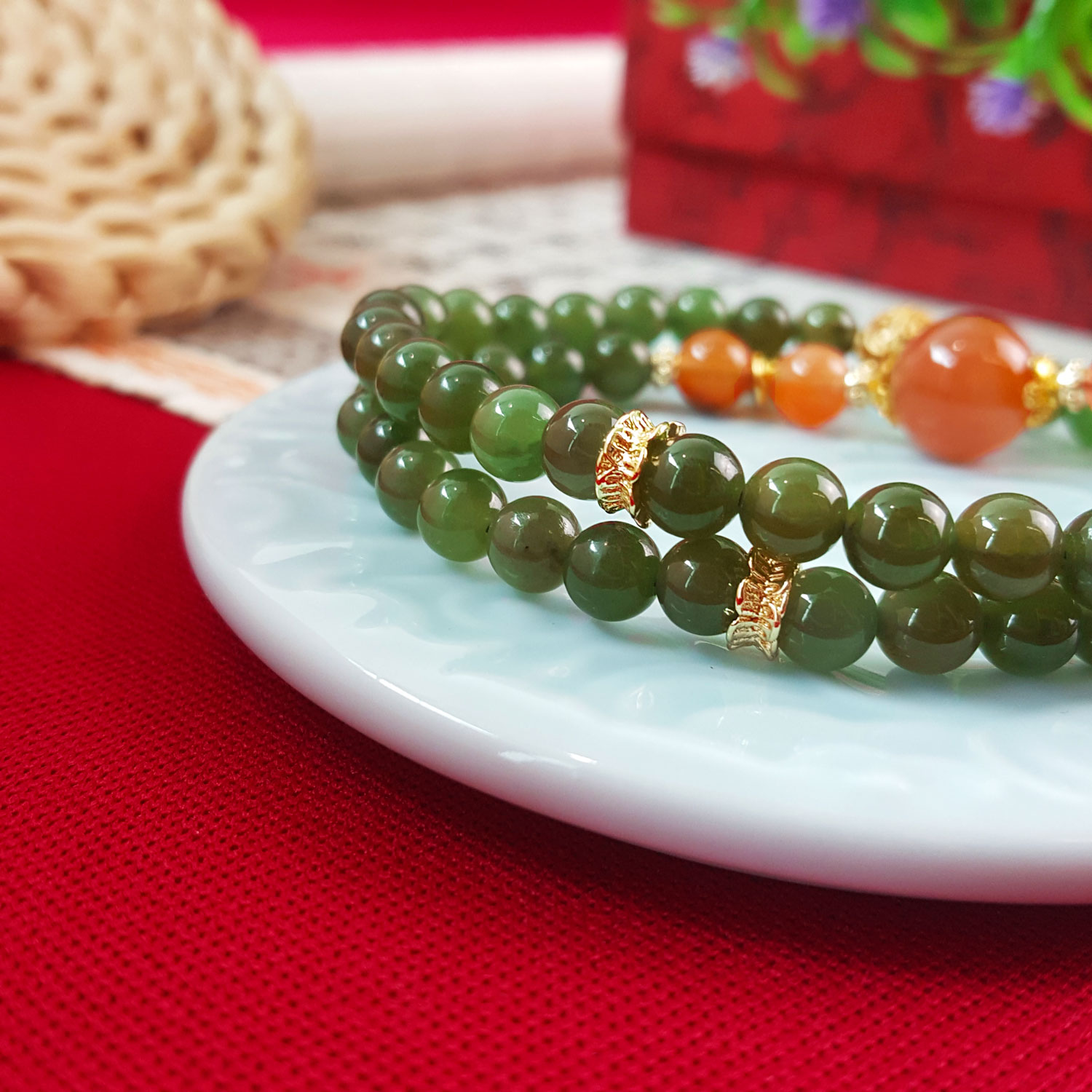 7 Aug - 6mm Green Jasper With Nan Hong  Agate Double Layer Bracelet
