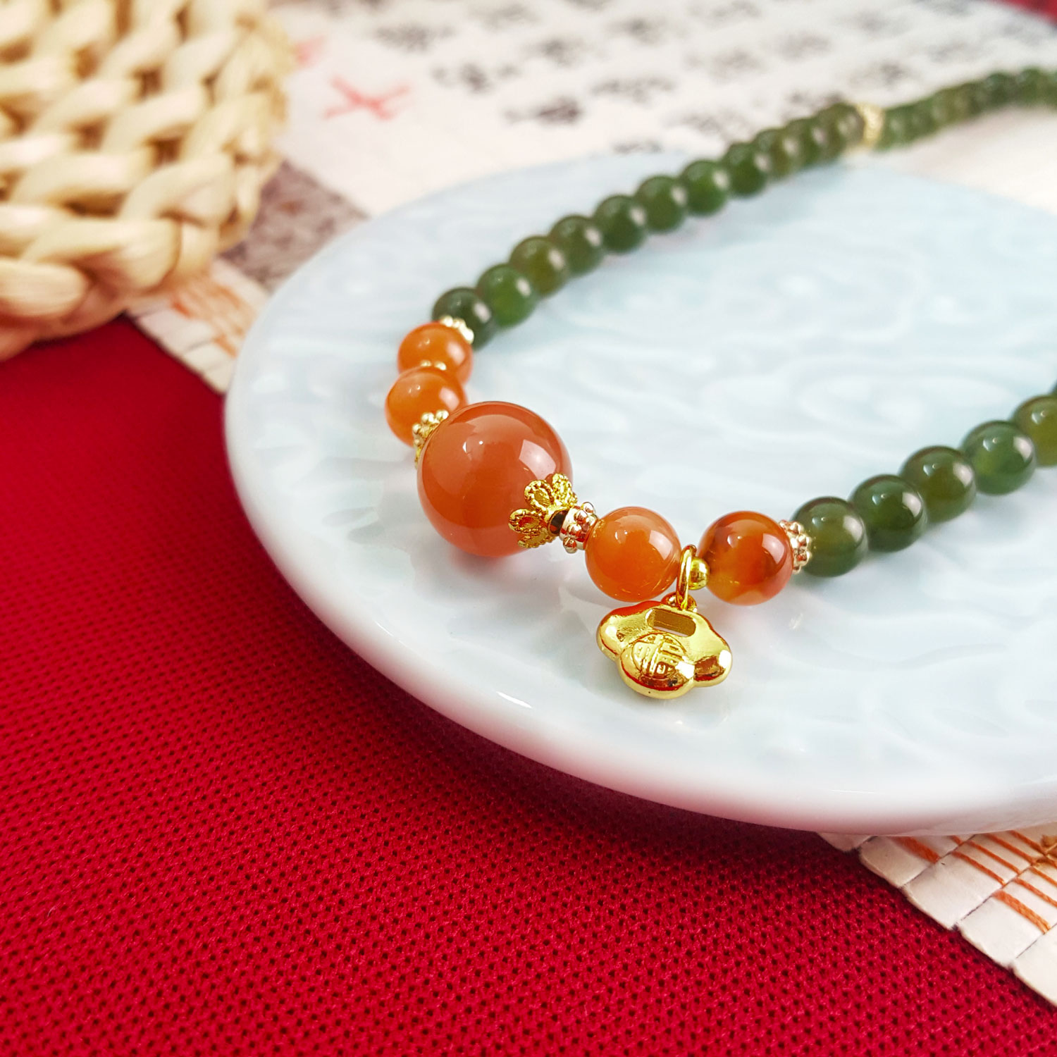 7 Aug - 6mm Green Jasper With Nan Hong  Agate Double Layer Bracelet