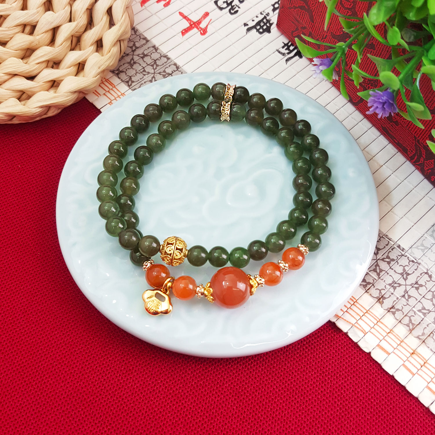 7 Aug - 6mm Green Jasper With Nan Hong  Agate Double Layer Bracelet