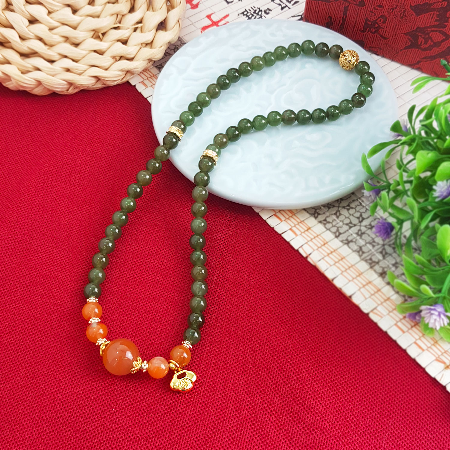 7 Aug - 6mm Green Jasper With Nan Hong  Agate Double Layer Bracelet