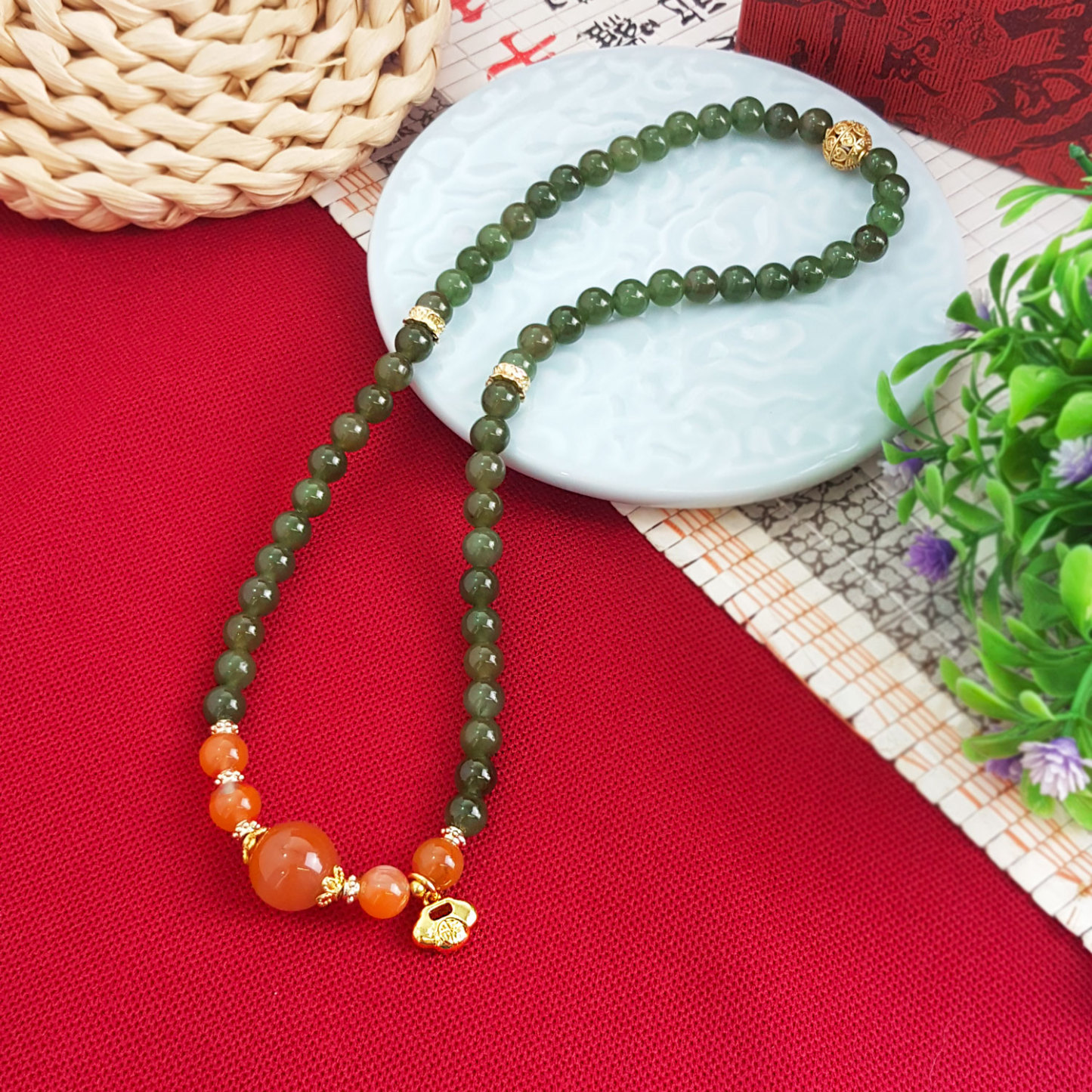7 Aug - 6mm Green Jasper With Nan Hong  Agate Double Layer Bracelet