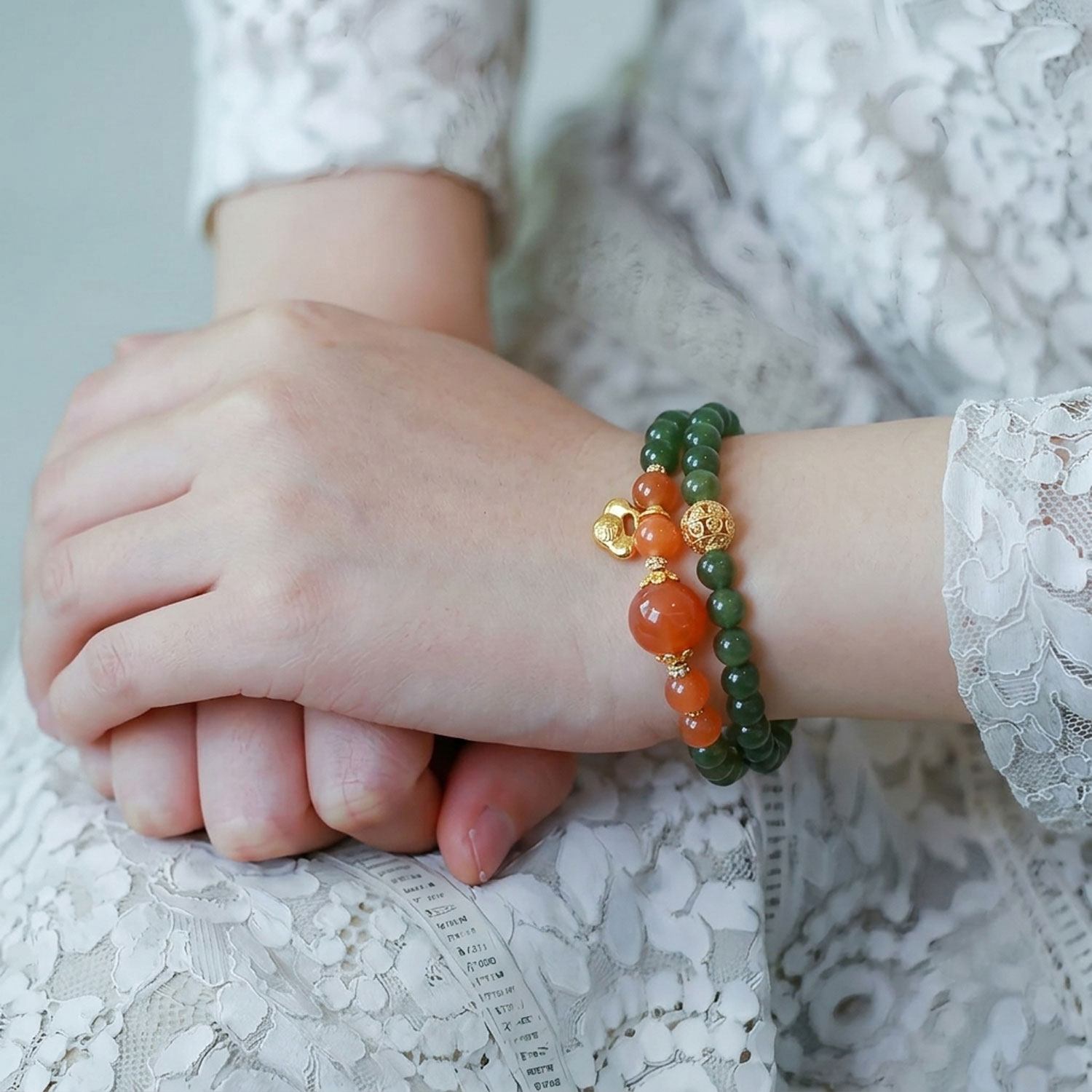 7 Aug - 6mm Green Jasper With Nan Hong  Agate Double Layer Bracelet