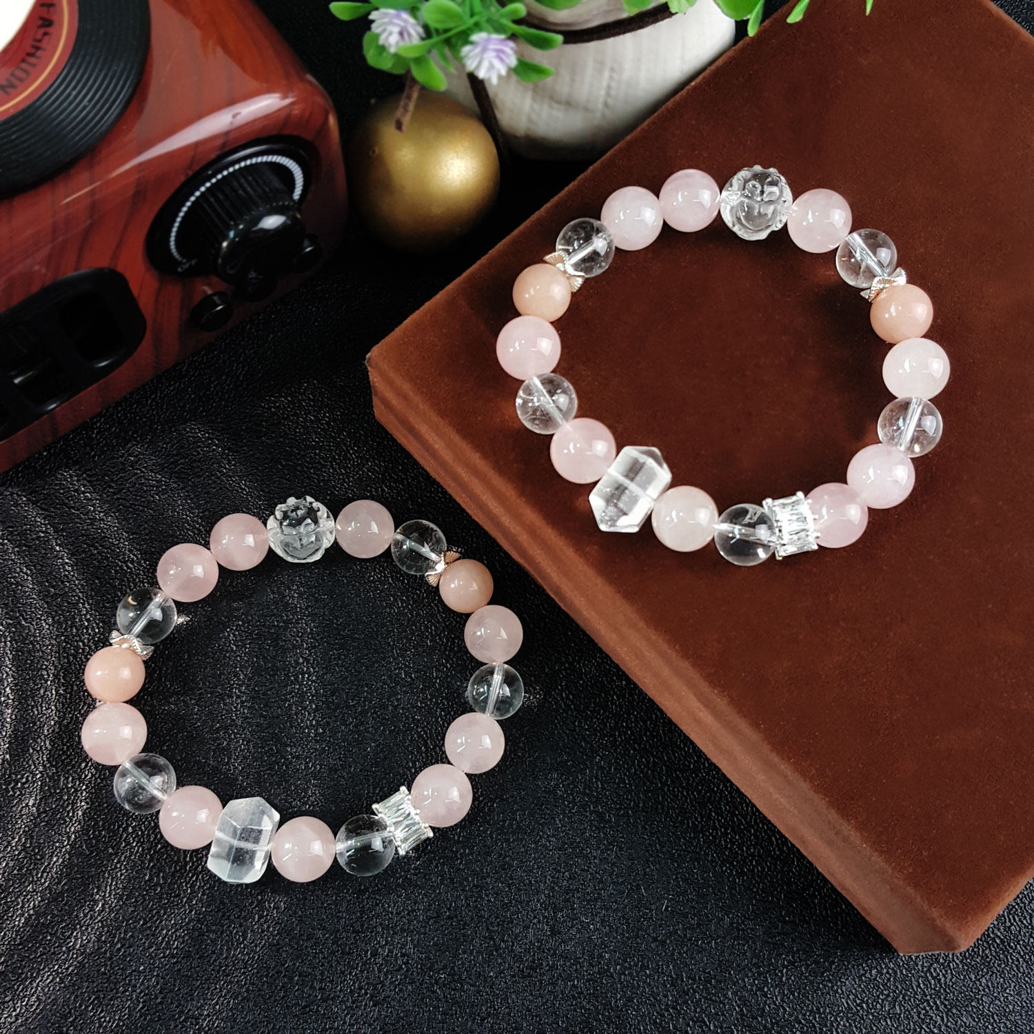 10 Aug - Rose Quartz With Clear Quartz Design Bracelet