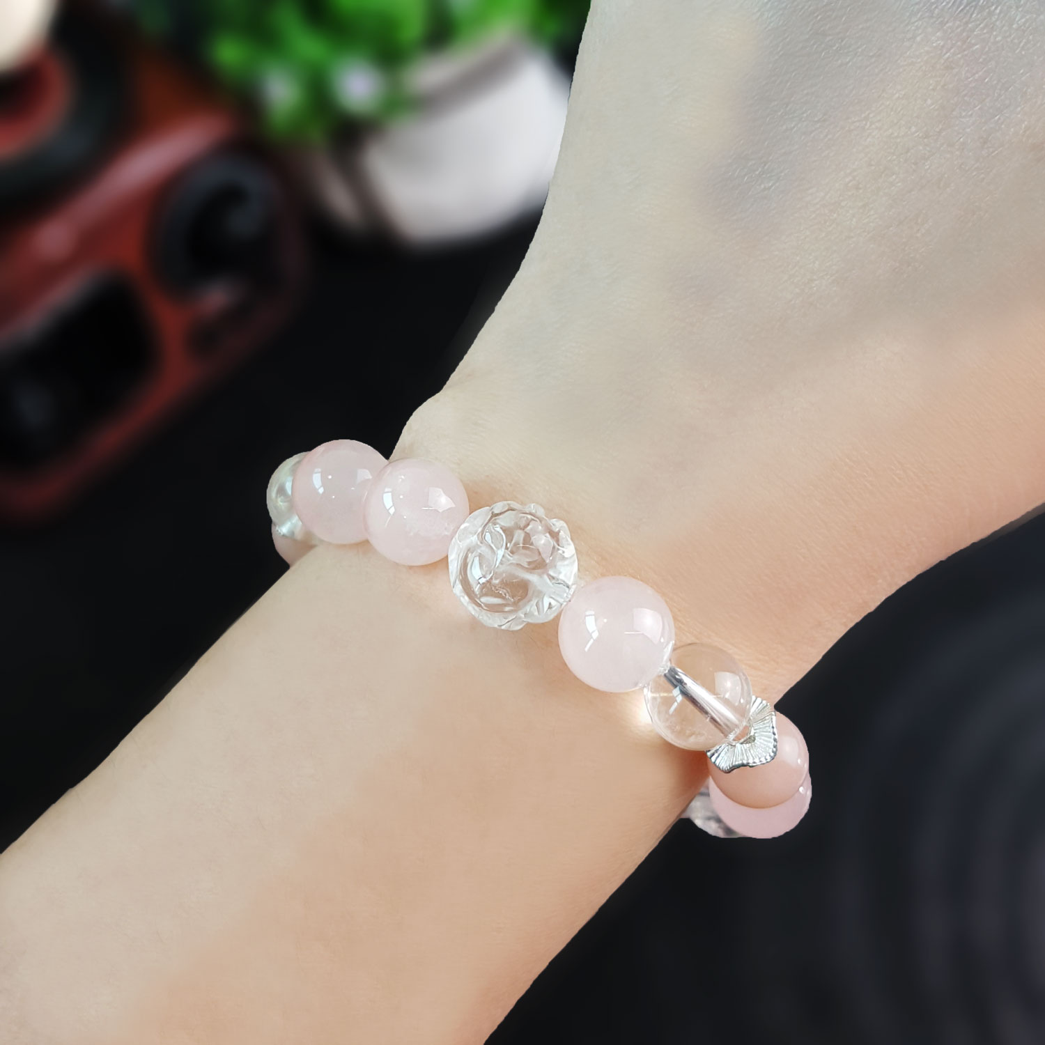 10 Aug - Rose Quartz With Clear Quartz Design Bracelet