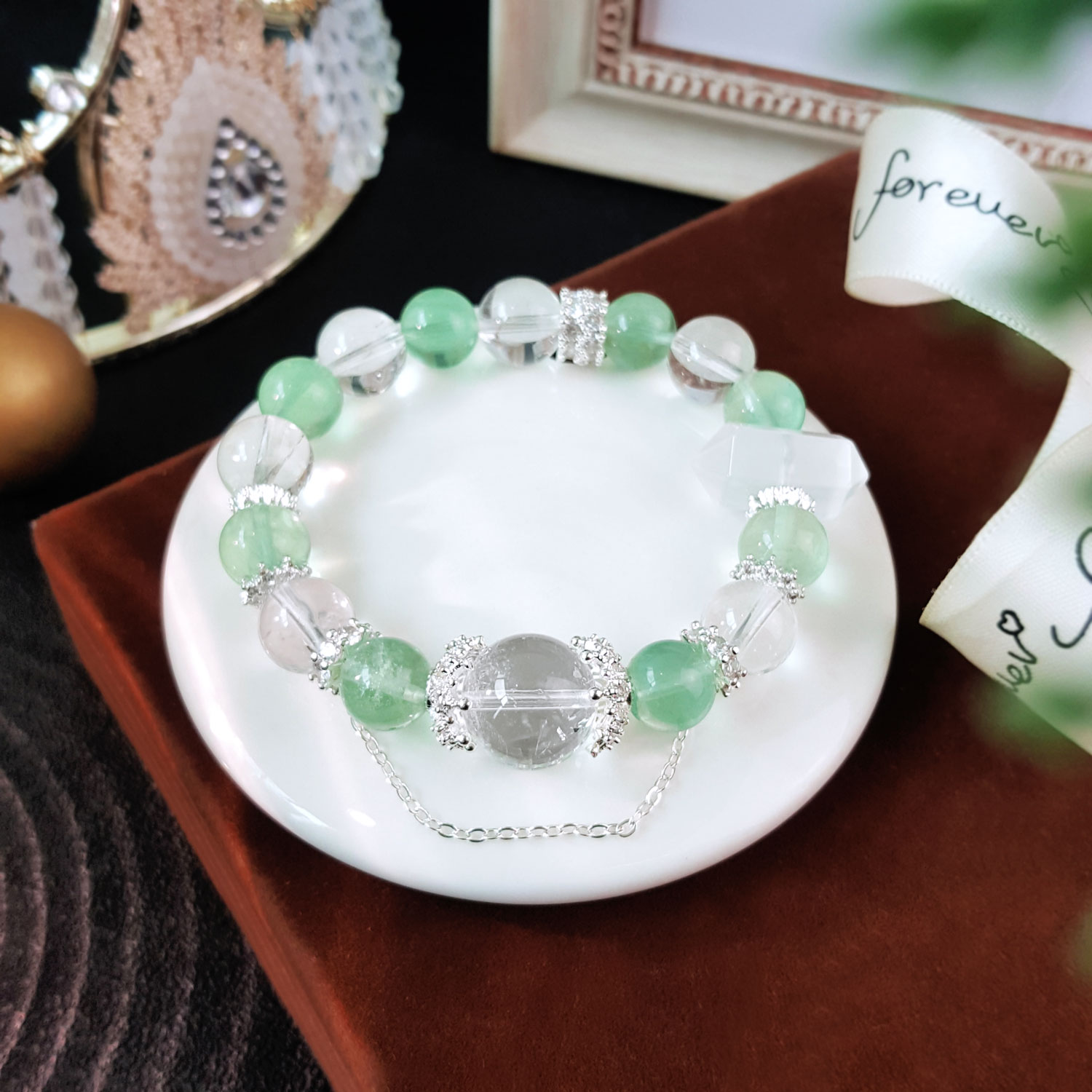 17 Aug - 10mm Green Fluorite And Clear Quartz Design Bracelet