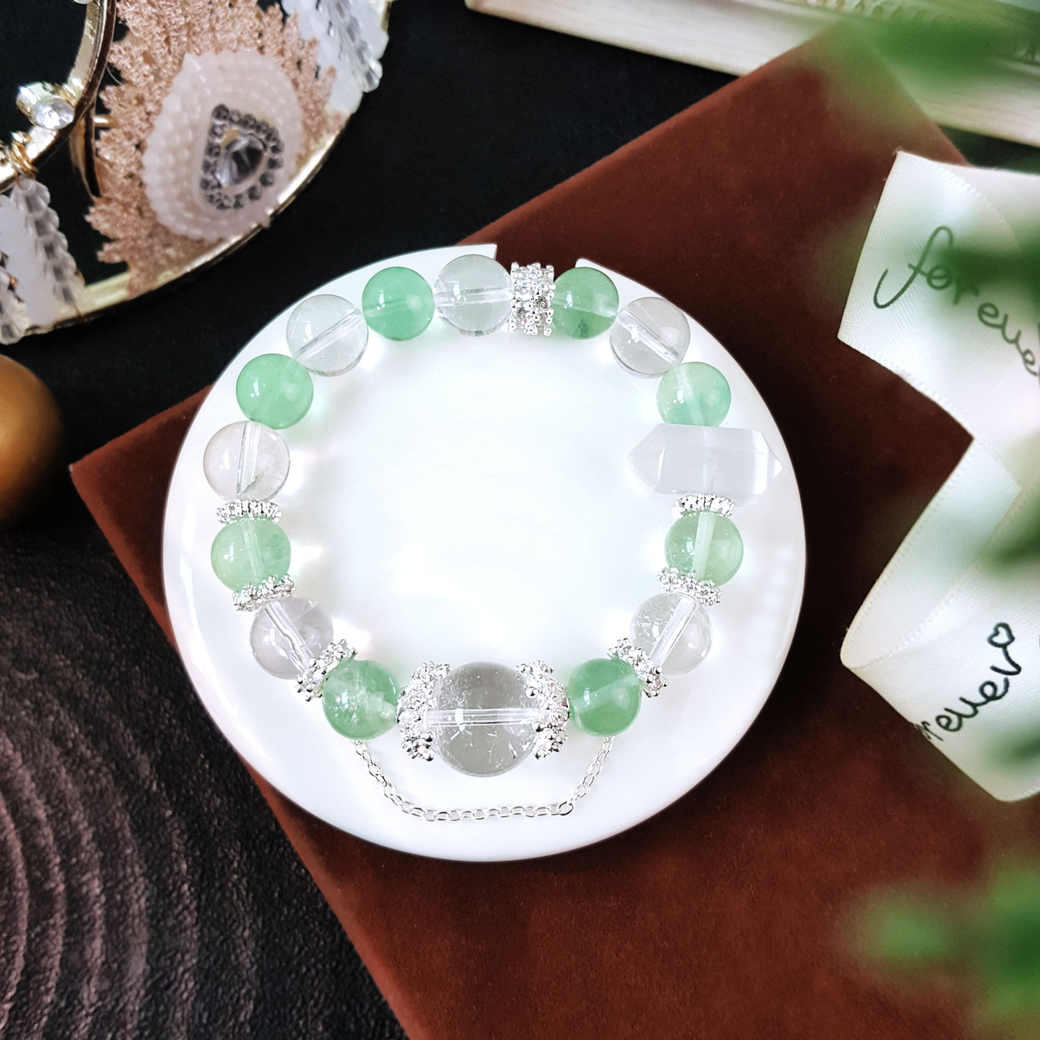 17 Aug - 10mm Green Fluorite And Clear Quartz Design Bracelet