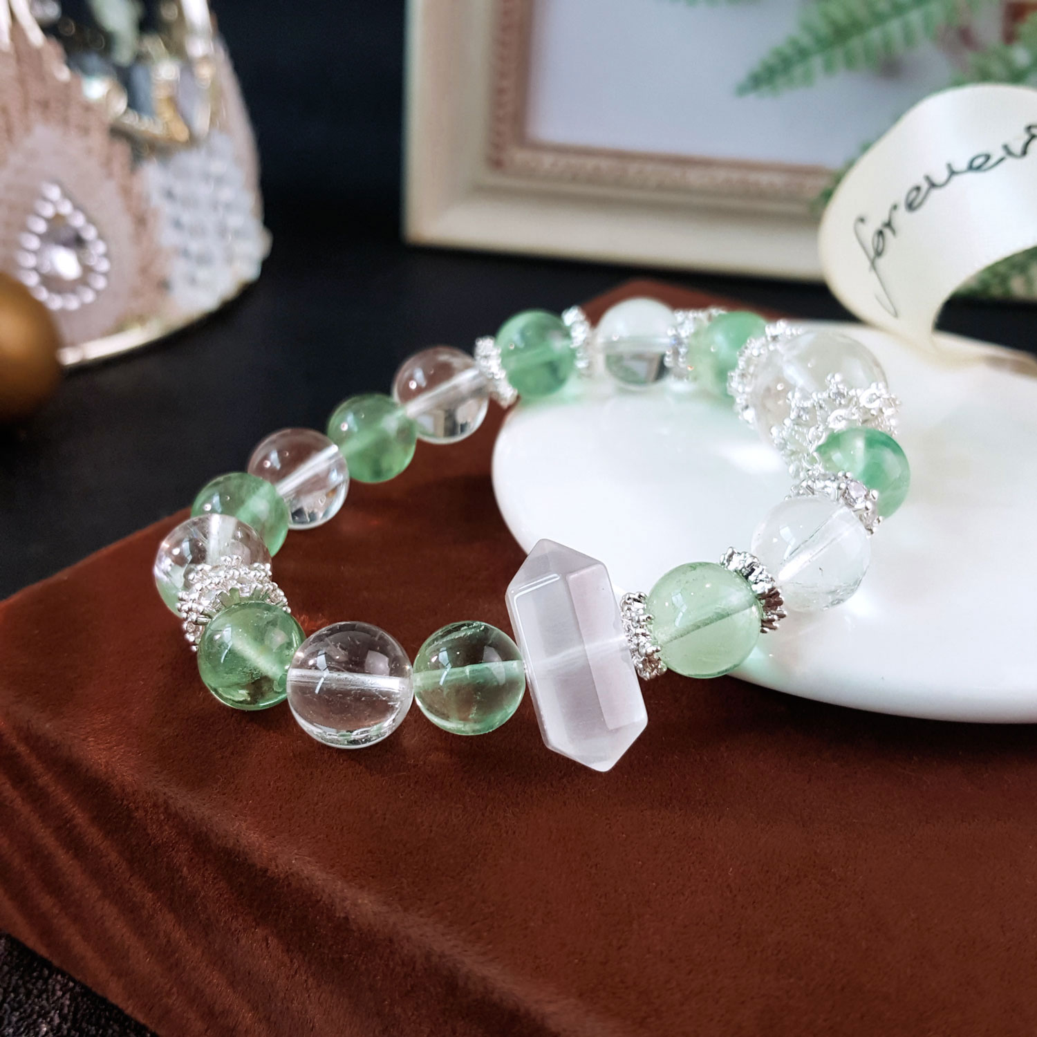 17 Aug - 10mm Green Fluorite And Clear Quartz Design Bracelet