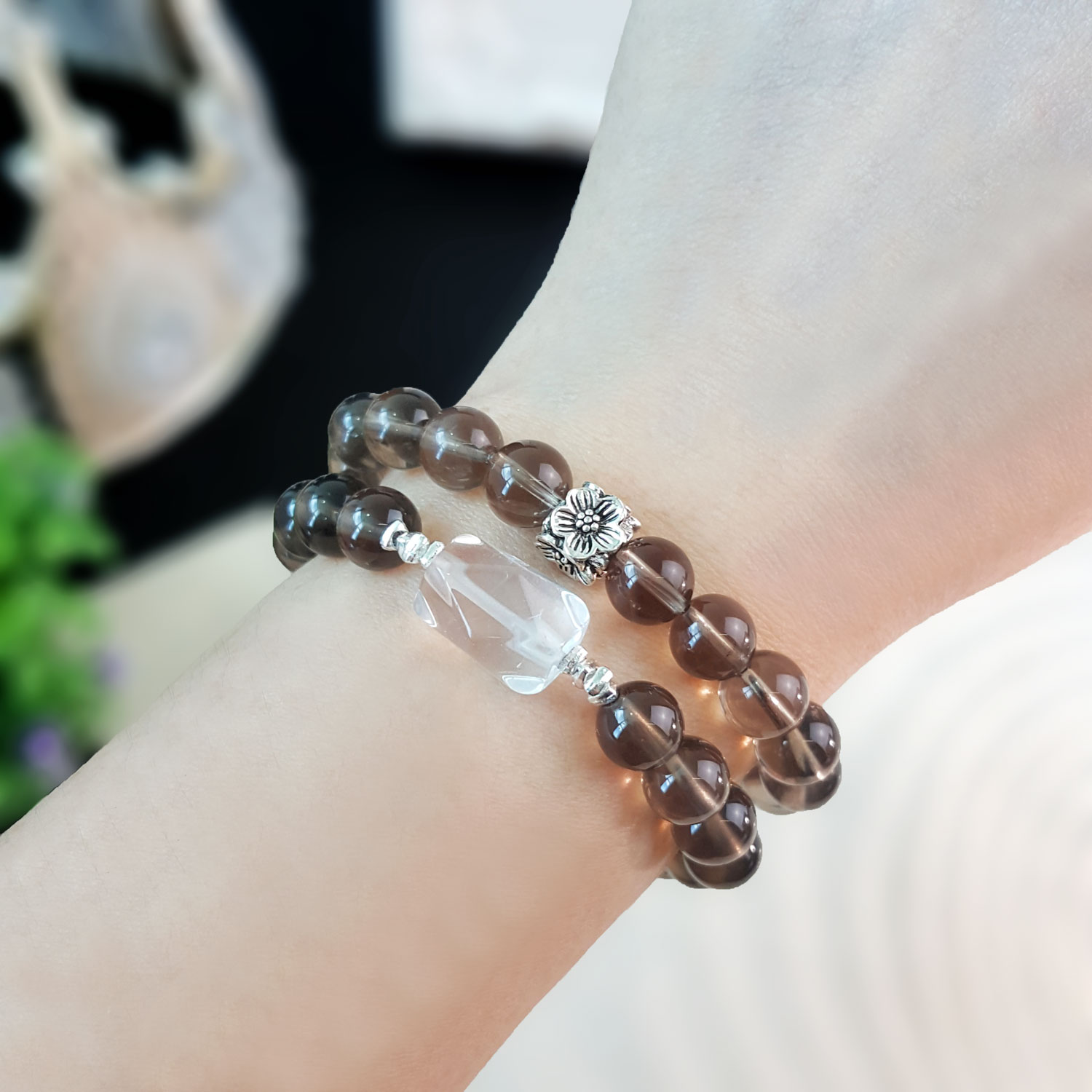 Smoky with Clear Quartz Design Bracelet