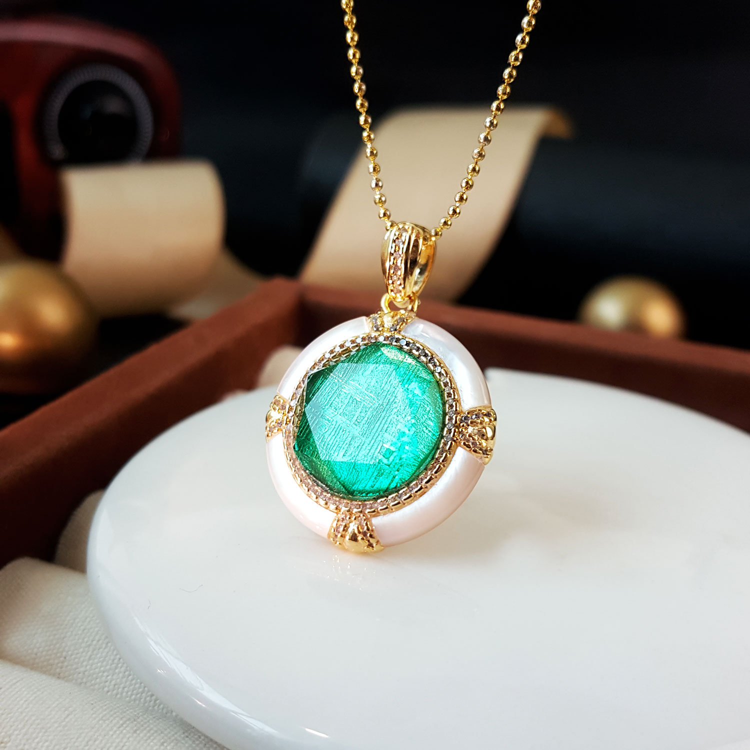 14 Aug - Sapphire Green Meteorite With Shell Pendant