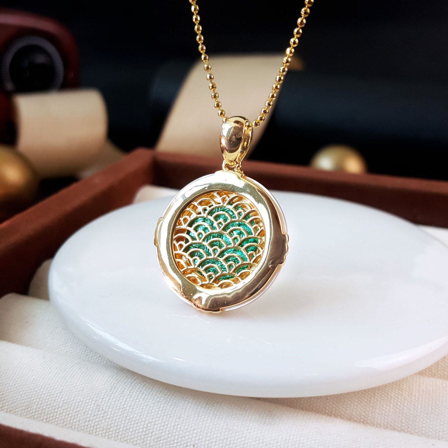 14 Aug - Sapphire Green Meteorite With Shell Pendant
