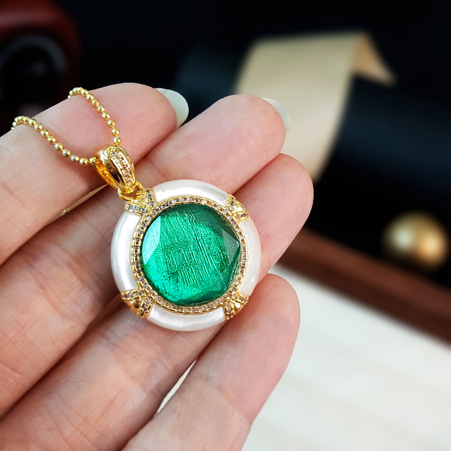 14 Aug - Sapphire Green Meteorite With Shell Pendant