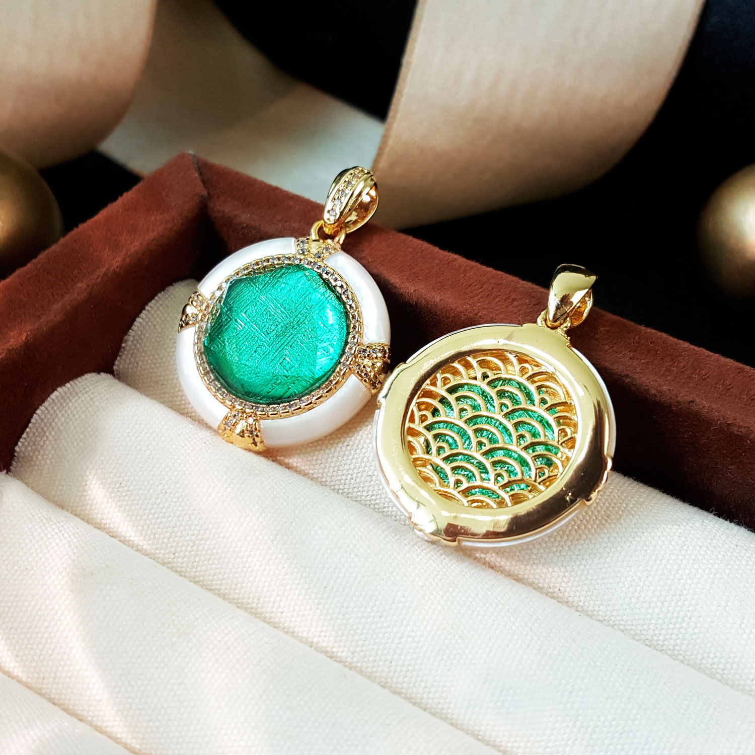 14 Aug - Sapphire Green Meteorite With Shell Pendant