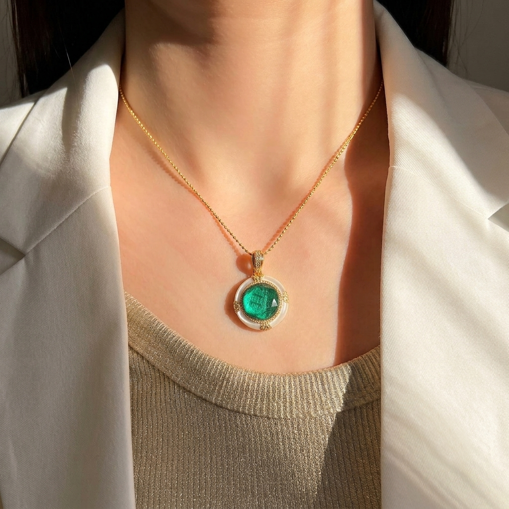 14 Aug - Sapphire Green Meteorite With Shell Pendant