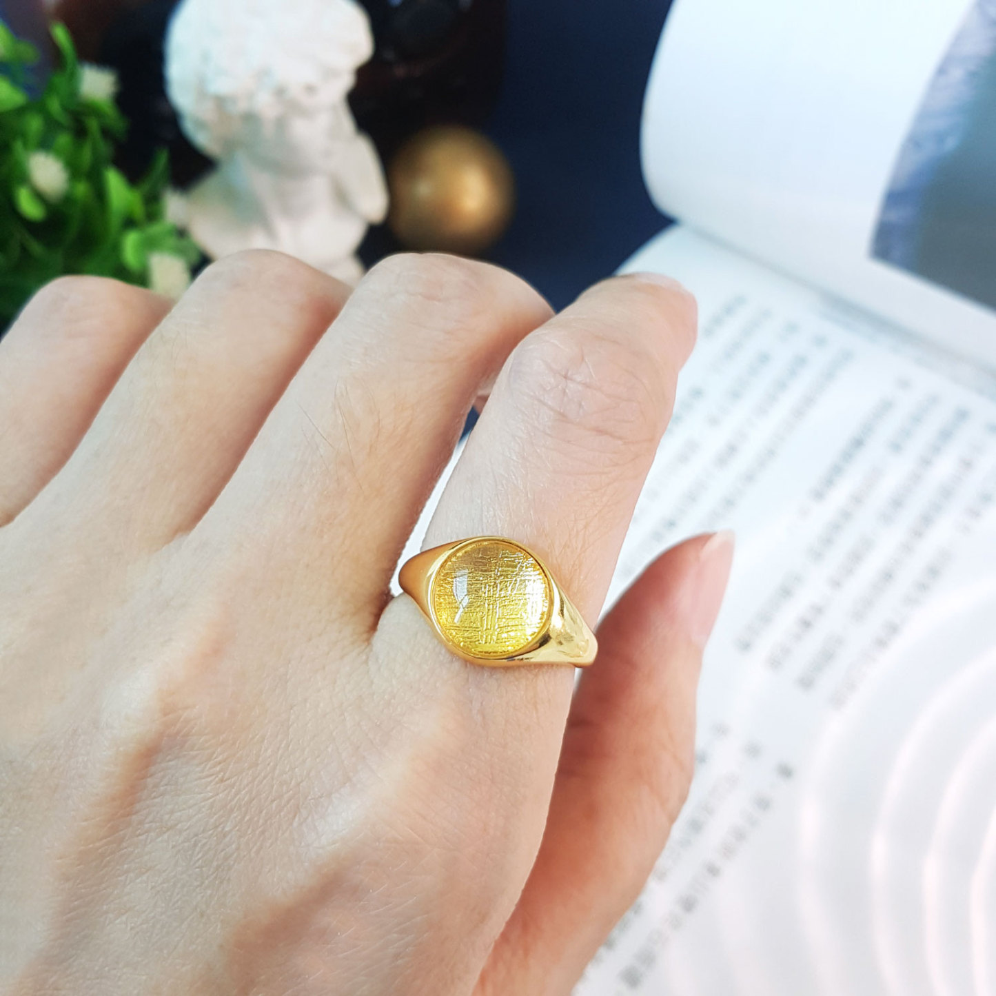 7 Sep - 10mm Gold Meteorite Round Adjustable Ring (Gold Frame)
