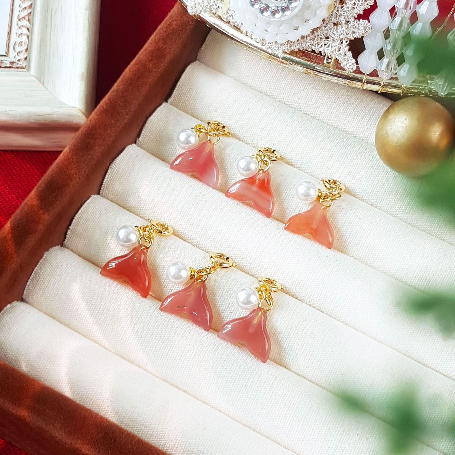 5 Oct - Pearl With Orange Agate Fish Tail Charm - Gold