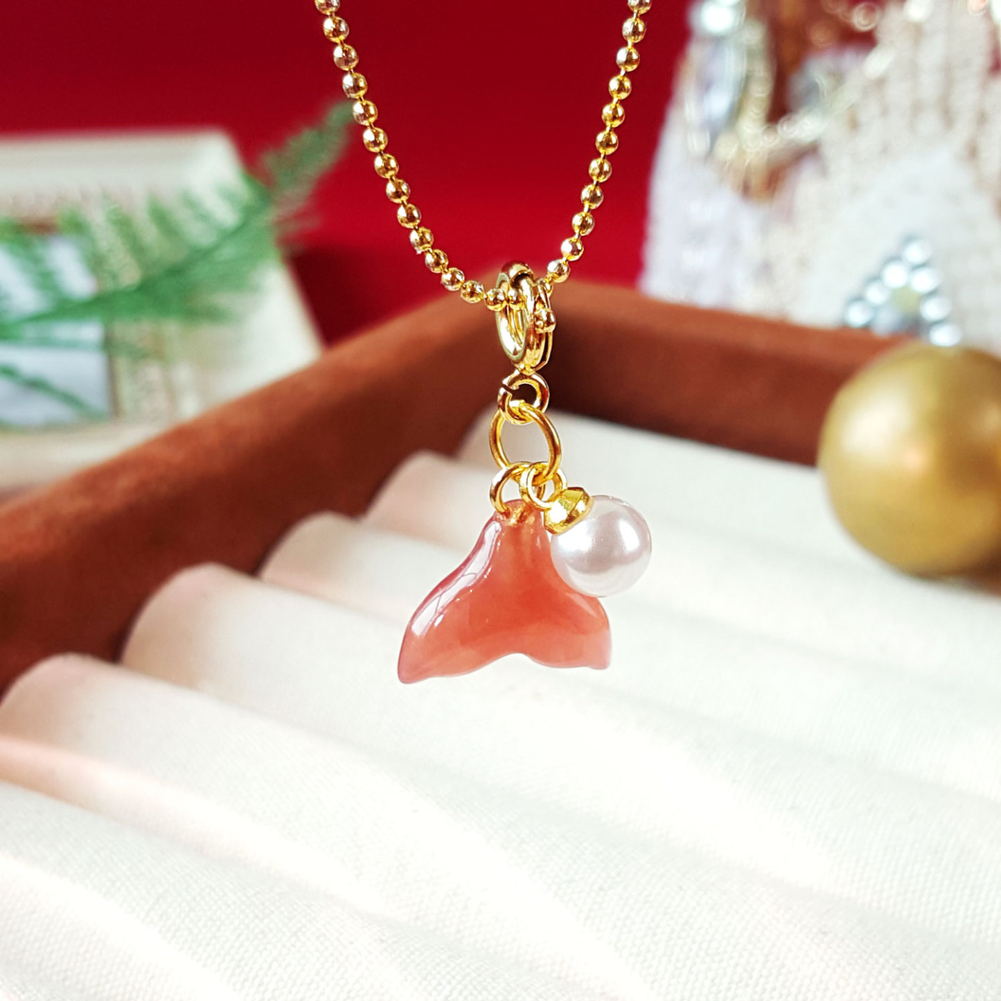 5 Oct - Pearl With Orange Agate Fish Tail Charm - Gold