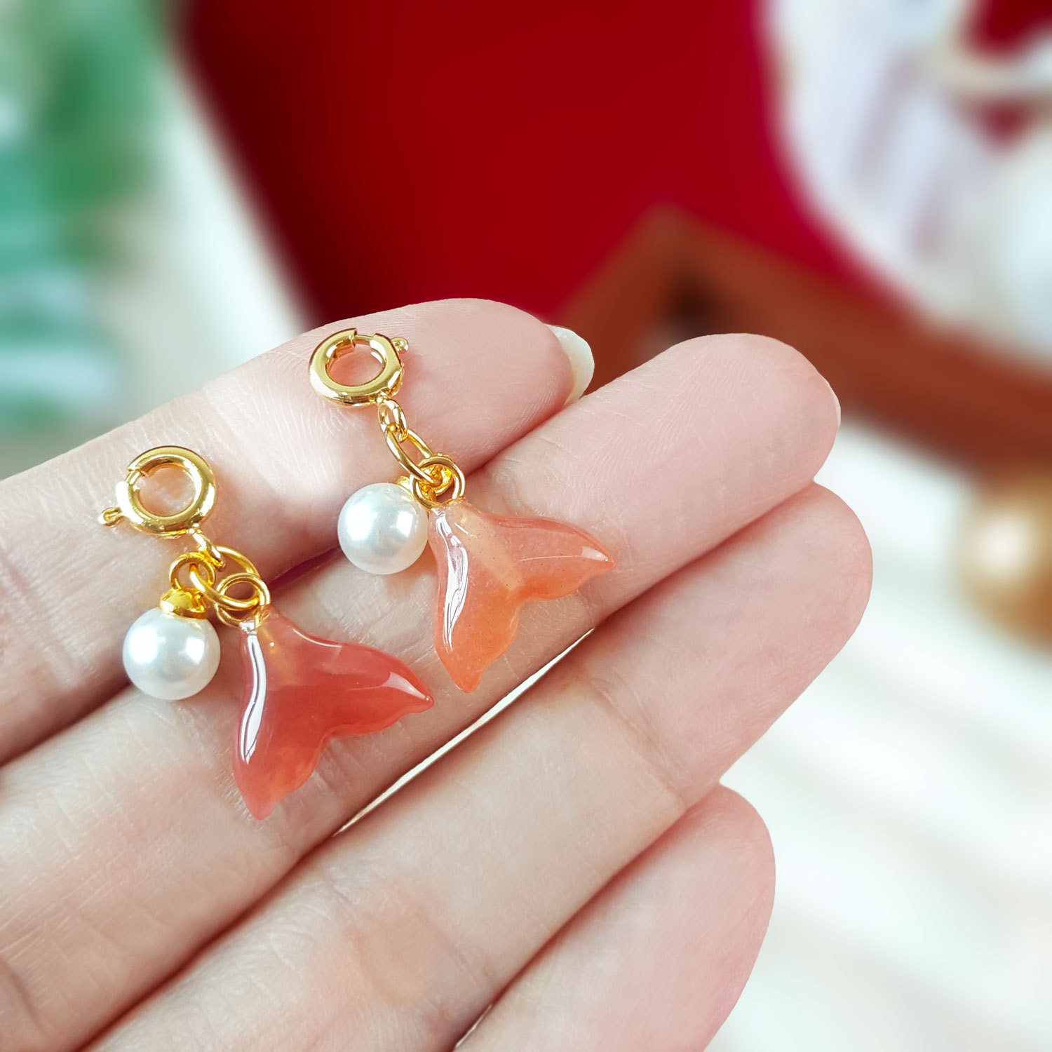 5 Oct - Pearl With Orange Agate Fish Tail Charm - Gold