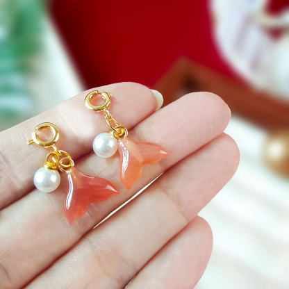 5 Oct - Pearl With Orange Agate Fish Tail Charm - Gold
