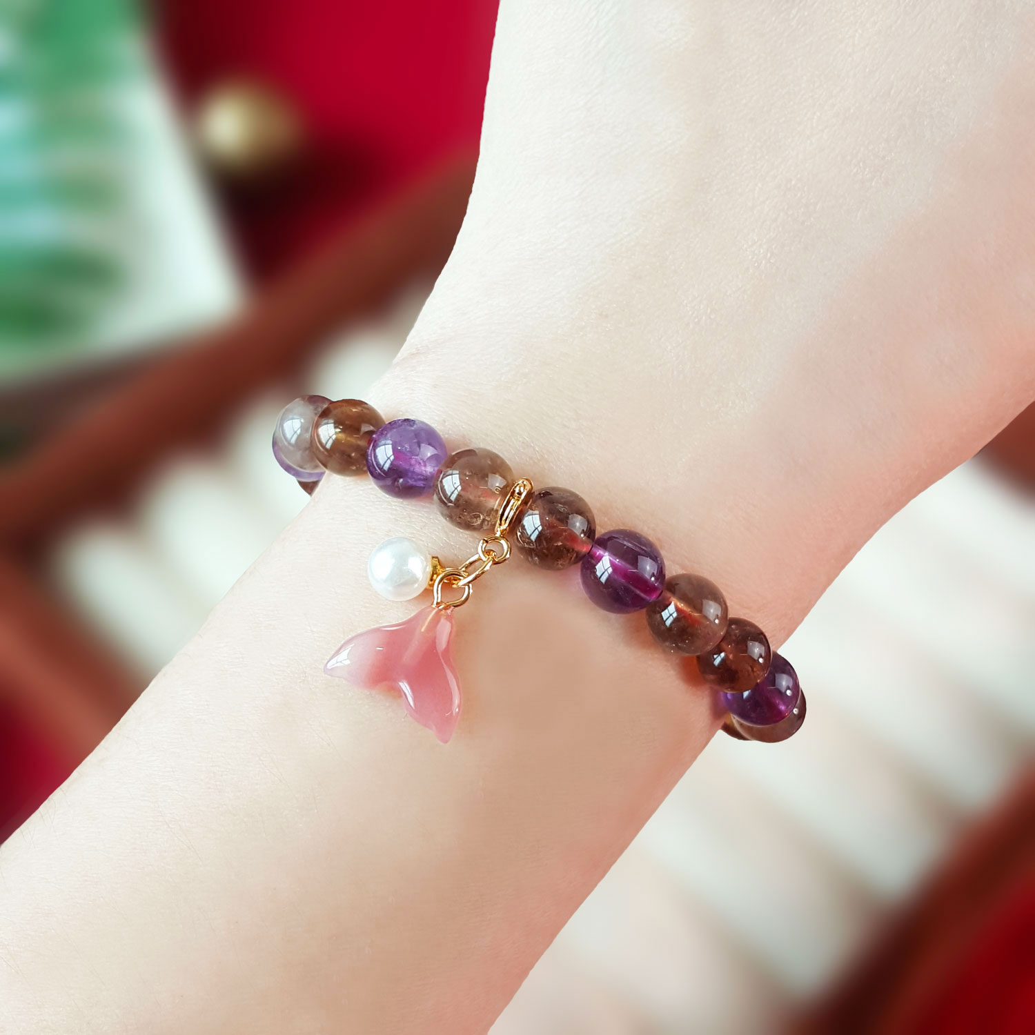 5 Oct - Pearl With Orange Agate Fish Tail Charm - Gold