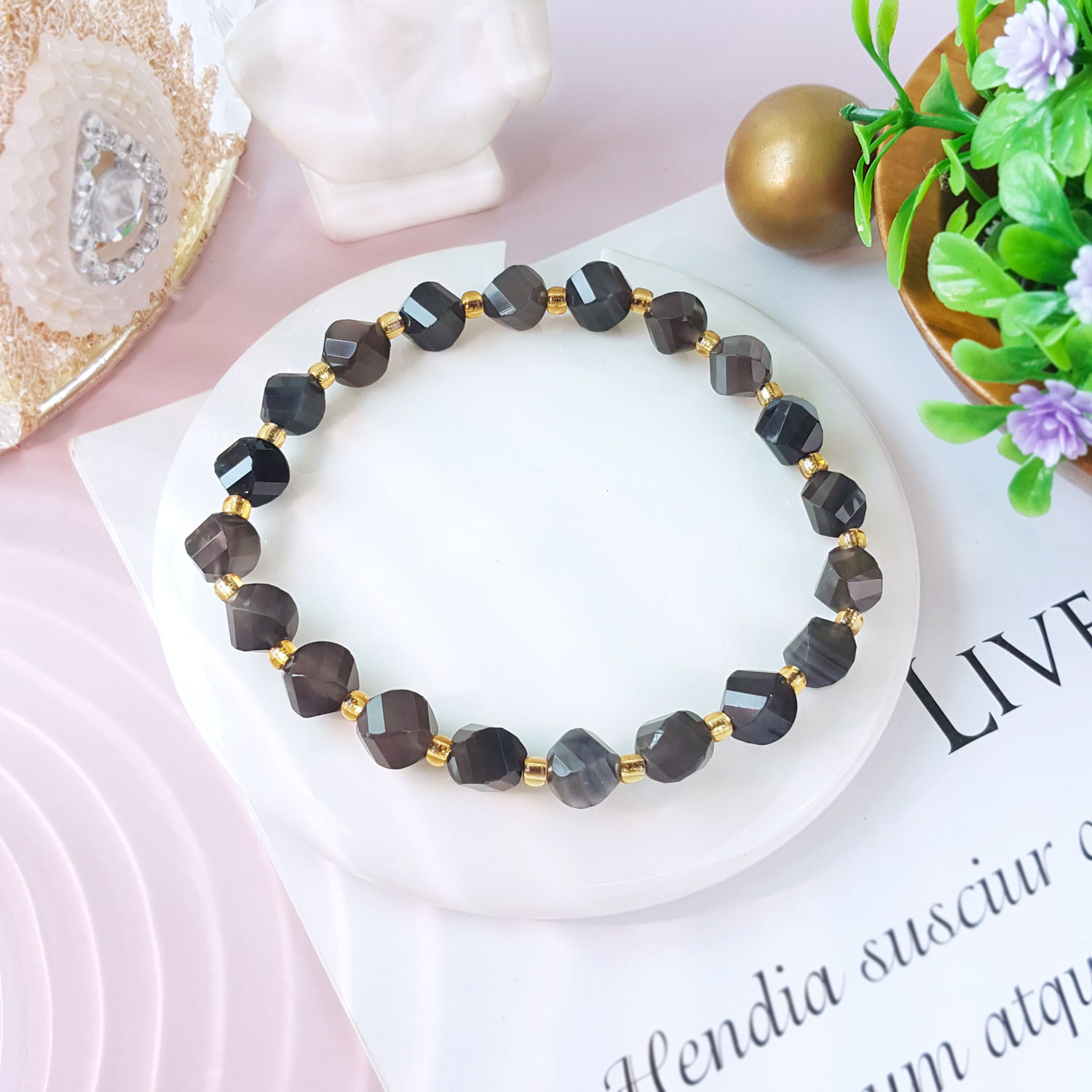 13 Oct - Iced Obsidian S Shape Bracelet