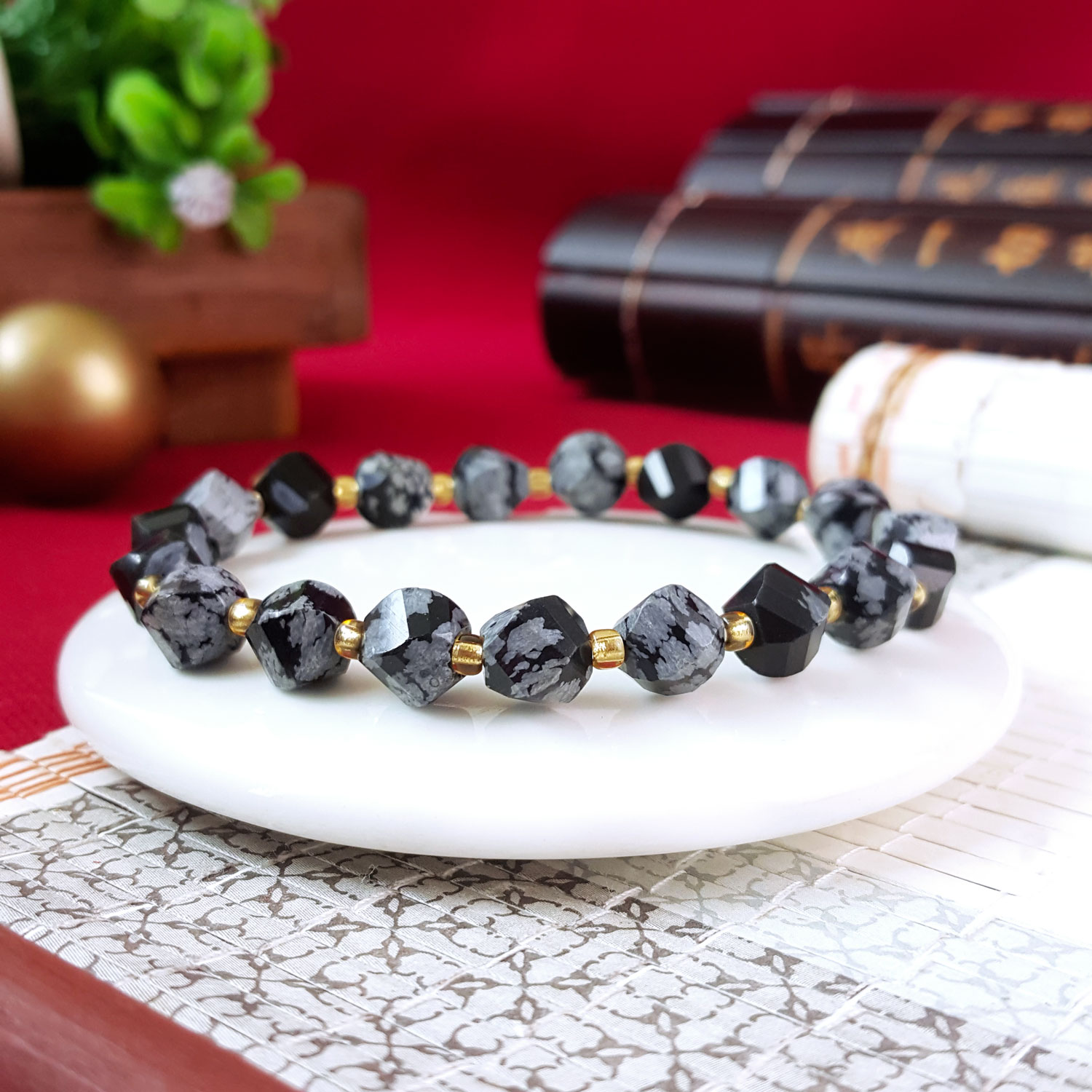 19 Oct - 7mm Snow Flake Obsidian S Shape Bracelet