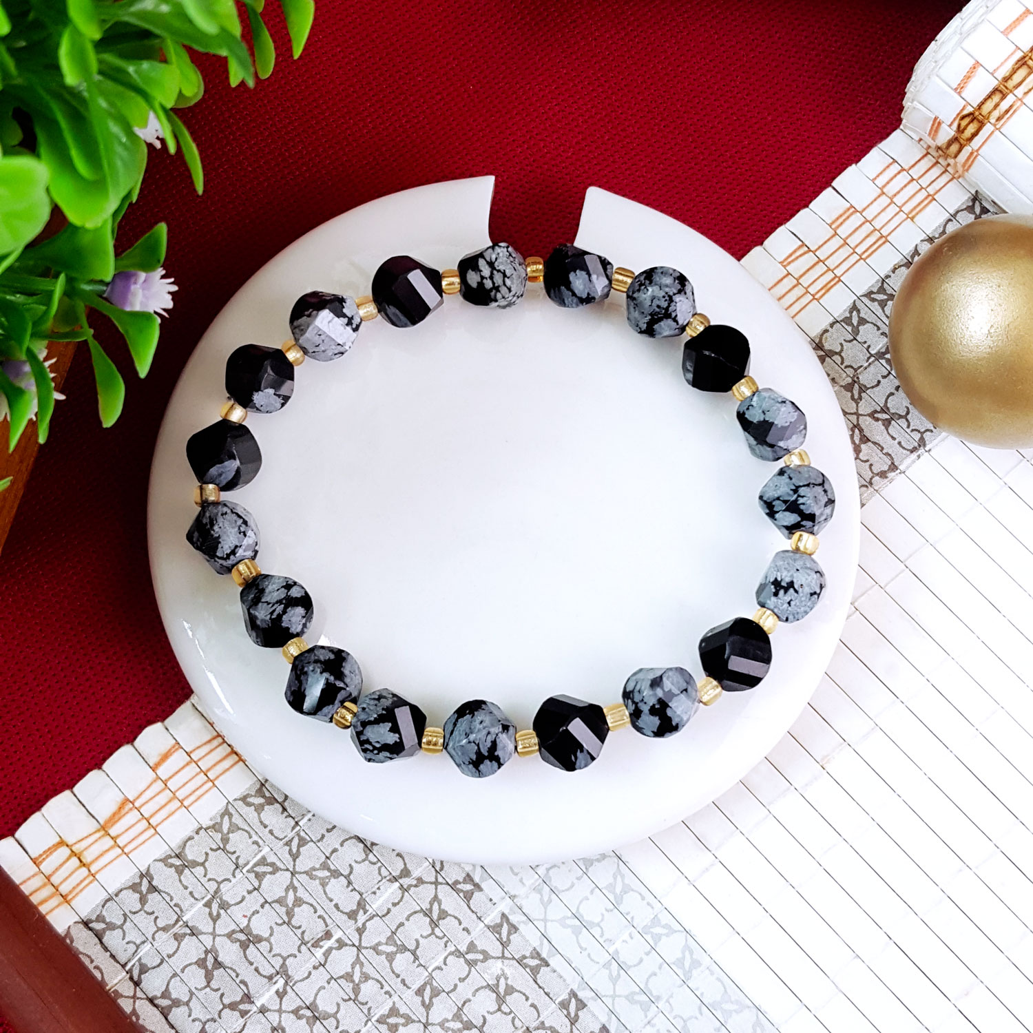19 Oct - 7mm Snow Flake Obsidian S Shape Bracelet