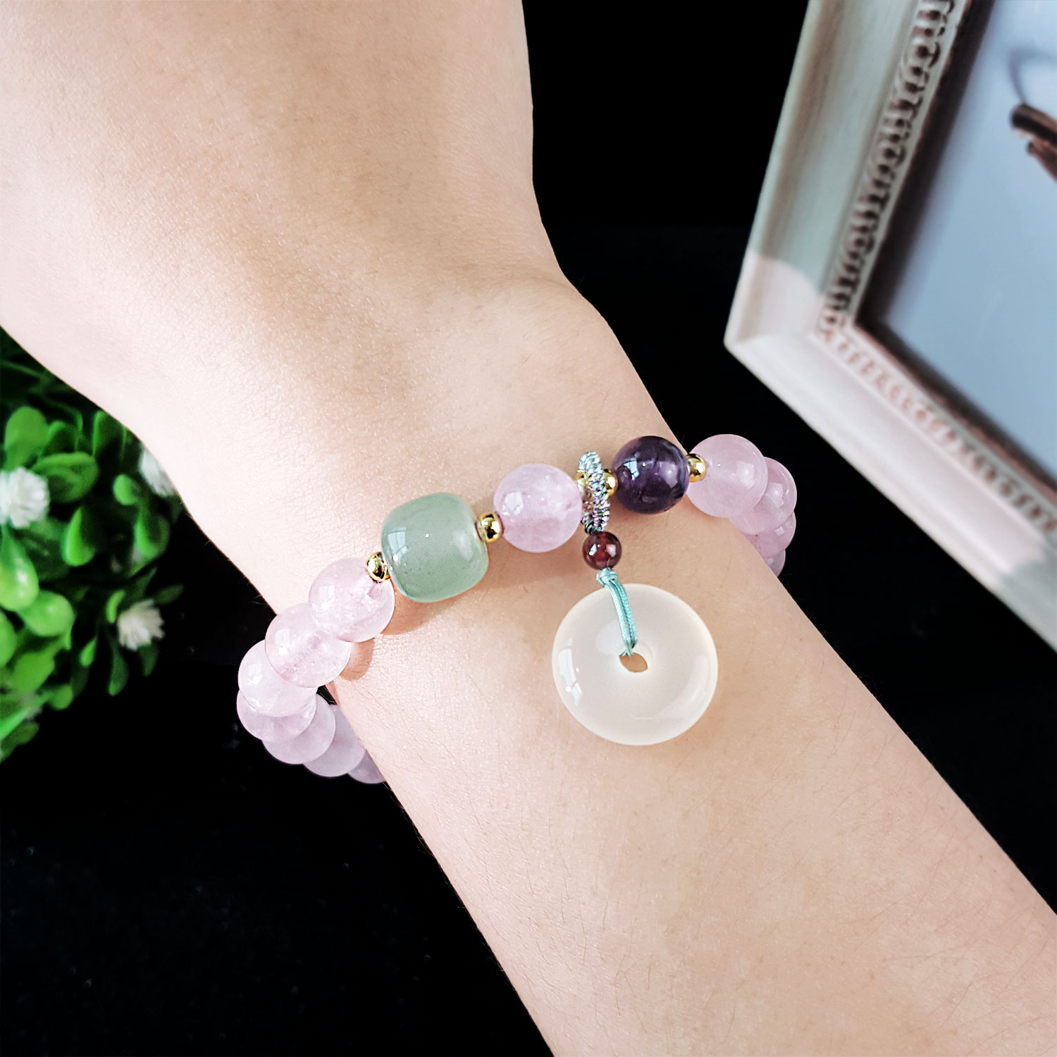 24 Jun - Rose Quartz with White Agate Peace Buckle Design Bracelet