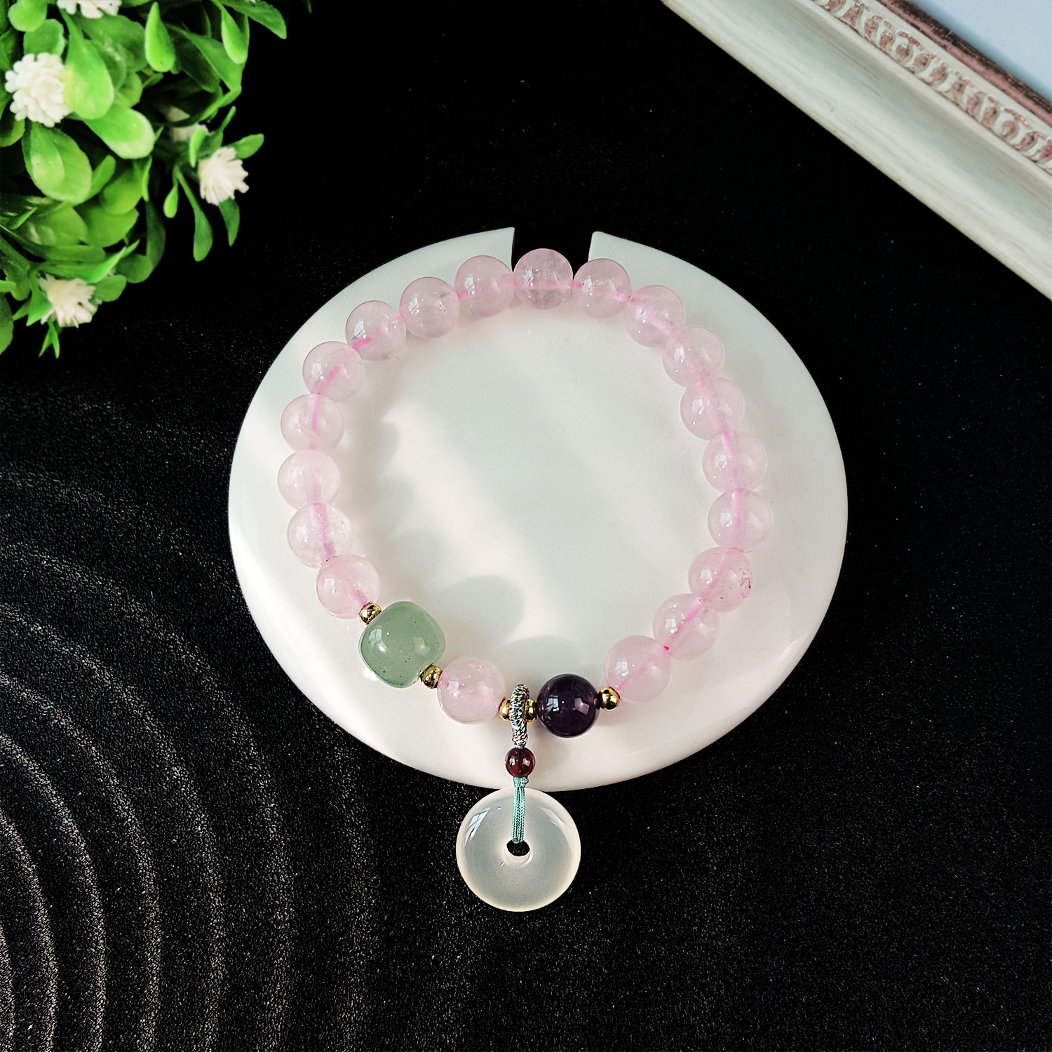 24 Jun - Rose Quartz with White Agate Peace Buckle Design Bracelet