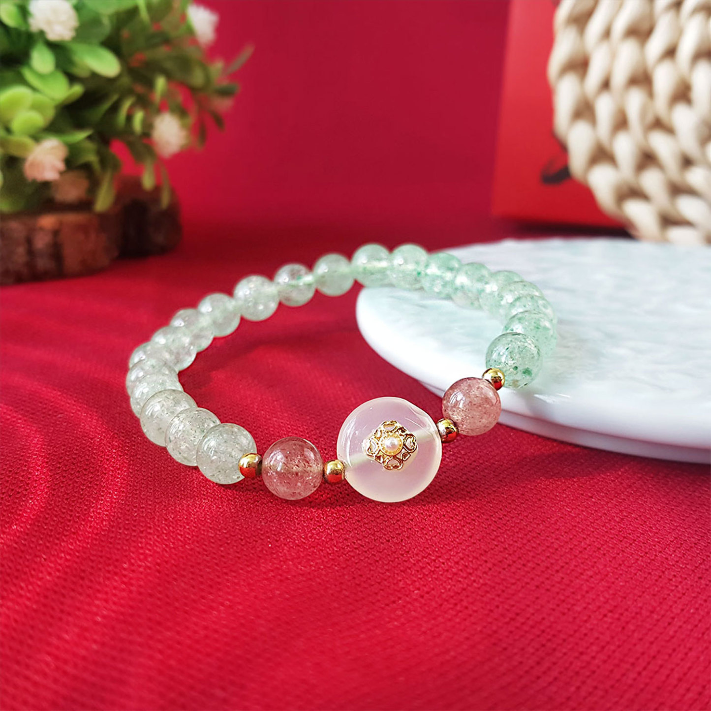 23 July - Green Strawberry with White Agate Buckle Design Bracelet