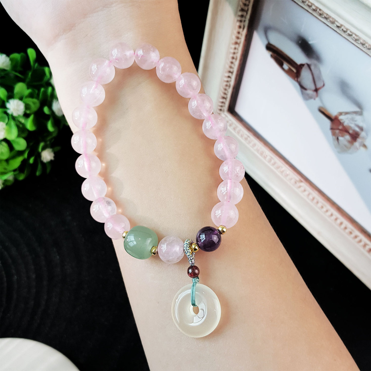 24 Jun - Rose Quartz with White Agate Peace Buckle Design Bracelet