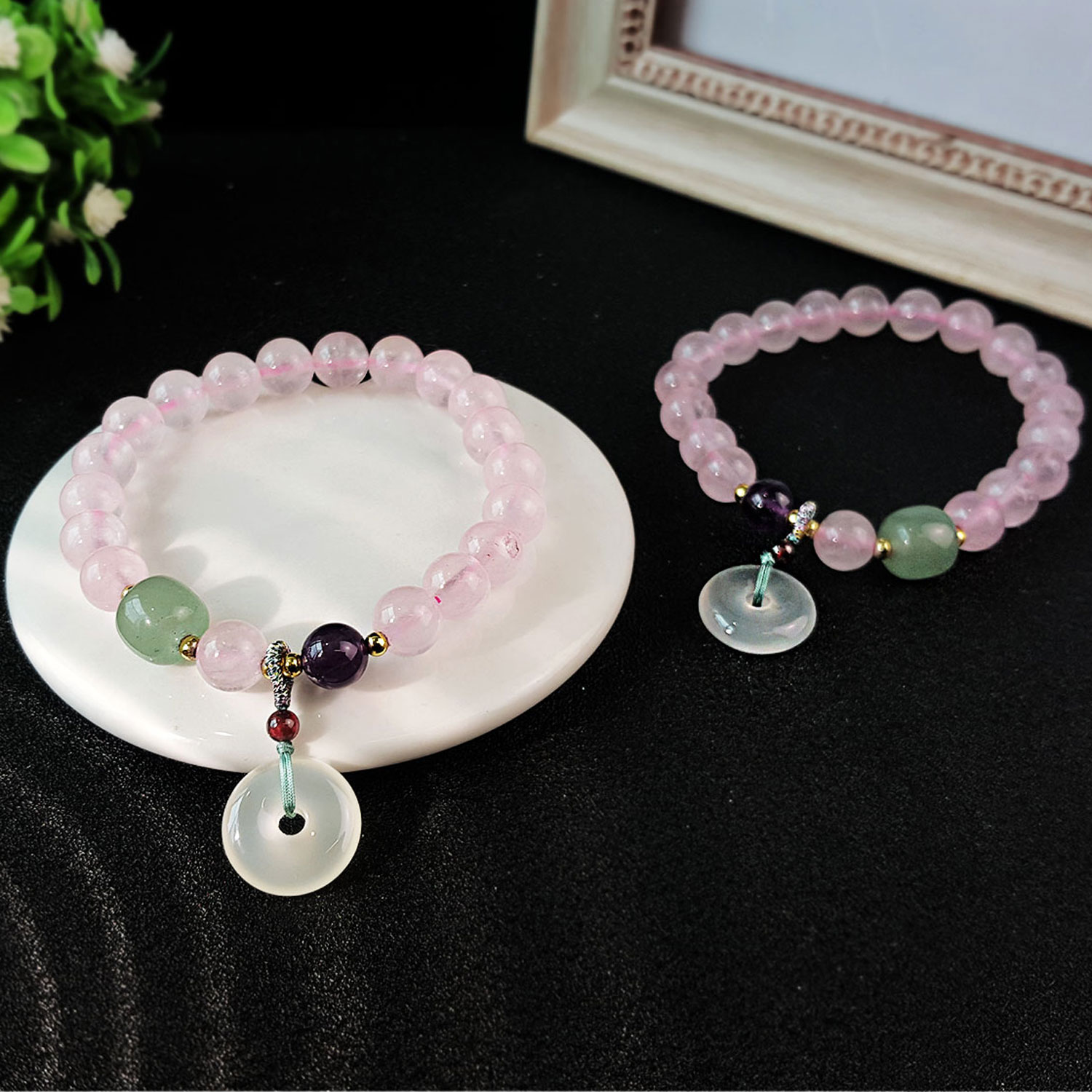 24 Jun - Rose Quartz with White Agate Peace Buckle Design Bracelet